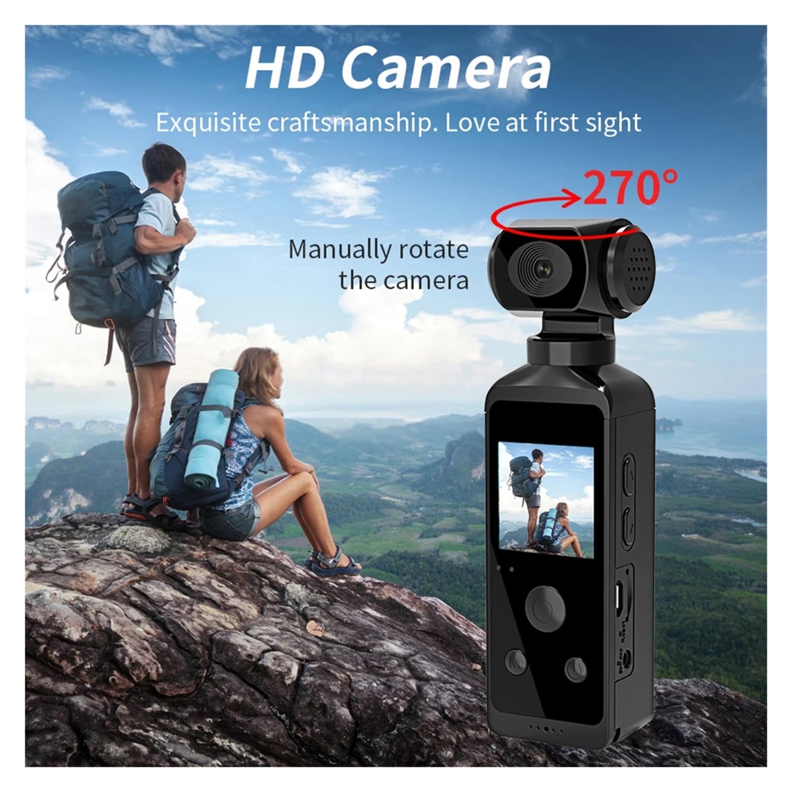 Videocamera tascabile 4K Ultra HD Girevole a 270° Vlog Wifi Mini Cam sportiva Custodia impermeabile Casco da viaggio Registratore for conducente di bicicletta