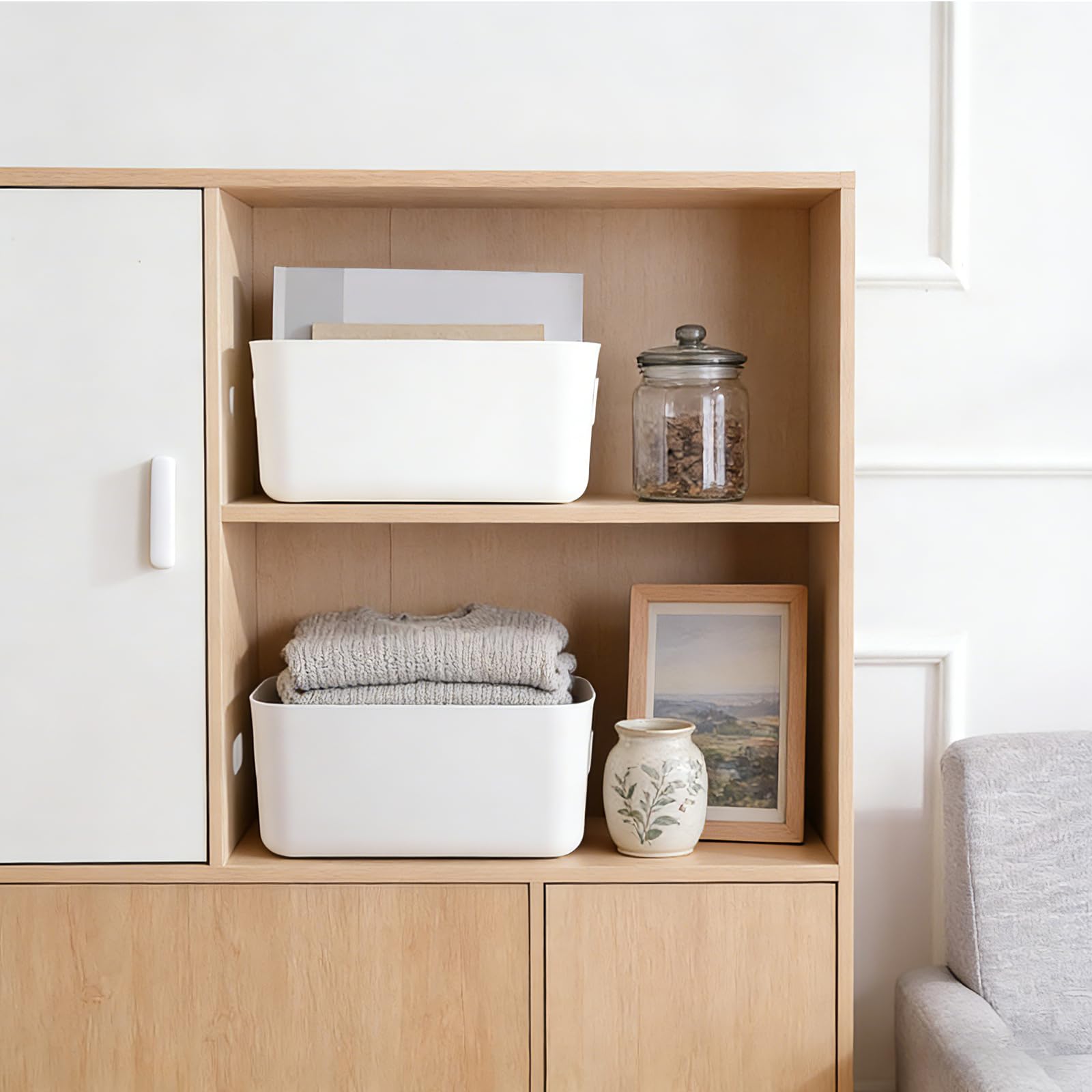 8 pezzi Cestini Portaoggetti Plastica Bianco,30x20x12 cm Scatola portaoggetti in plastica con manici, Box conservazione,organizer desktop per Cucina, Armadio, Ufficio, Bagno