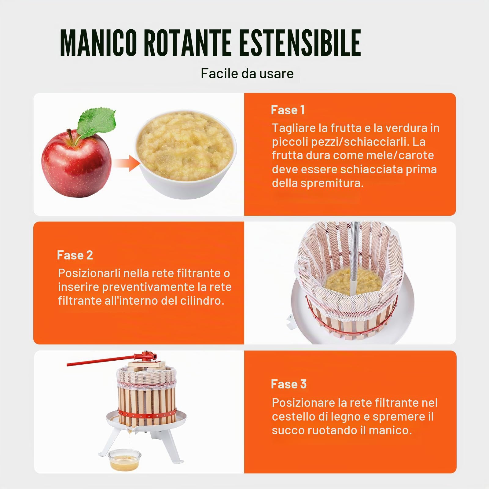 VEVOR Torchio Manuale per Vini di Frutta 6 Litri 1,6 Galloni Torchietto Pressa per Succo Spremiagrumi con Impugnatura con Cestello in Legno Massello Estrattore per Olio d'Oliva UVA Mela Verdure Miele