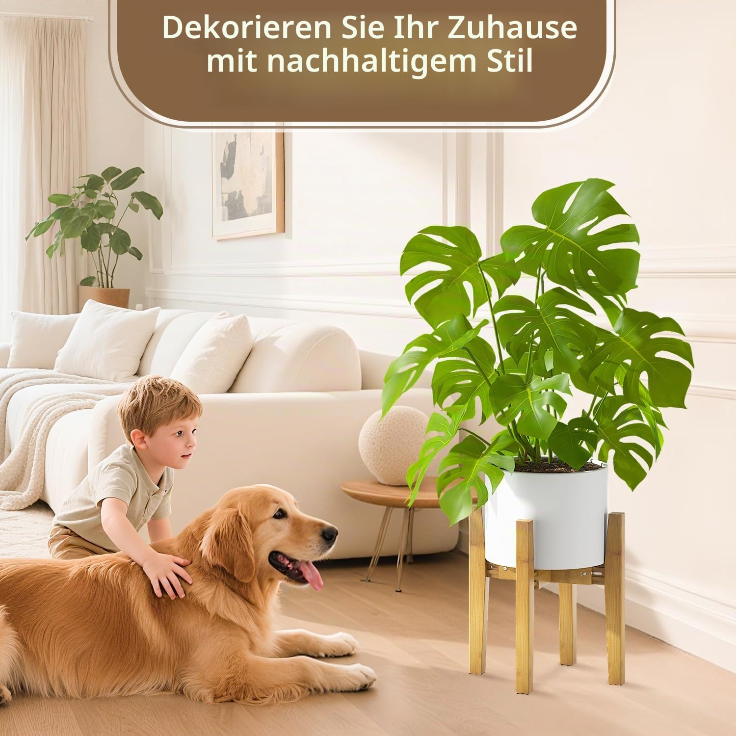 VASZOLA Verstellbarer Pflanzenständer aus Bambus für Einzelne Große Pflanzgefäße im Innenbereich, Robuster Bodentopfhalter für 20 bis 30 cm, Mid-Century-Stil, Erhöht für Blumen, Walnuss, 2 Packung