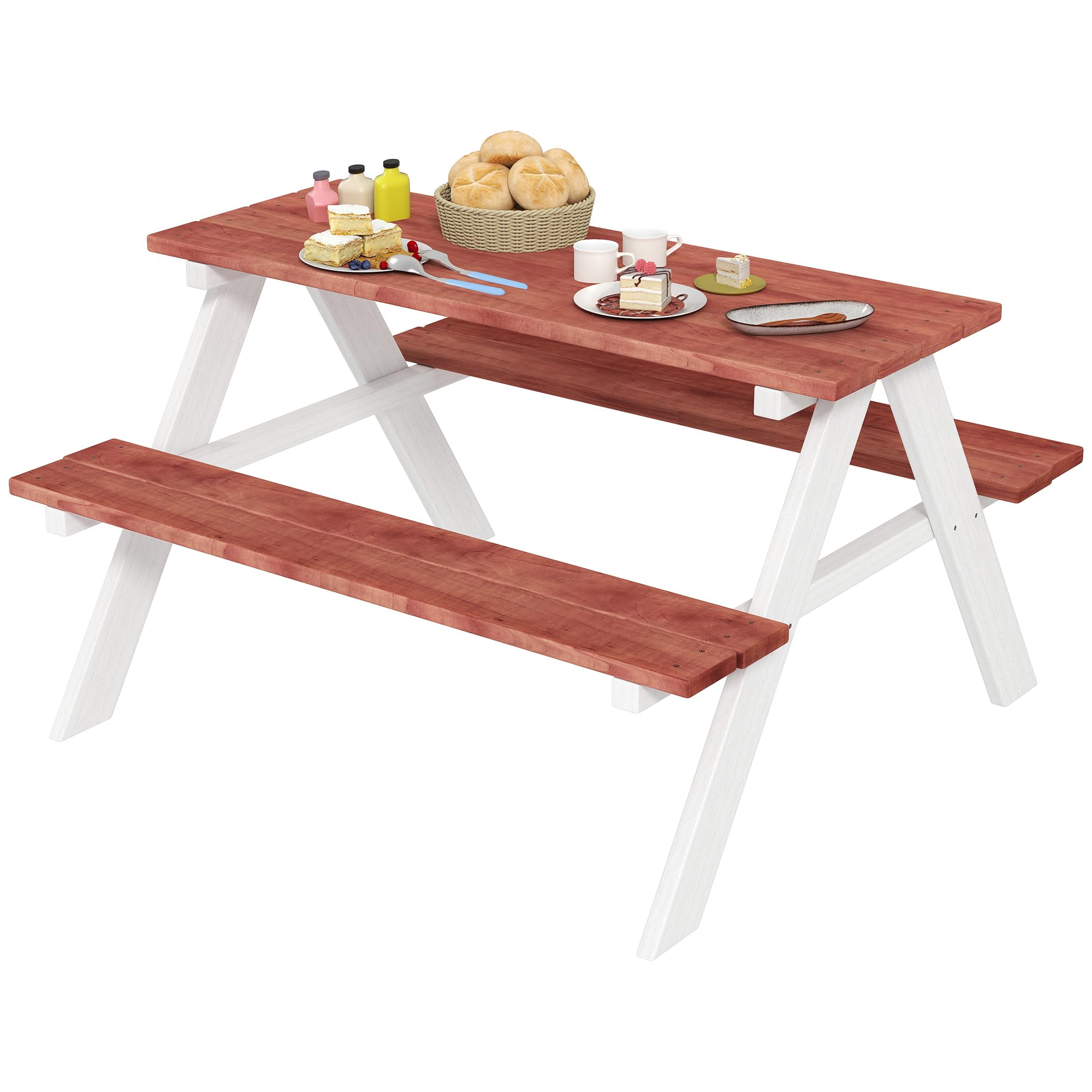 Outsunny Set Tavolo da Picnic per Bambini, Tavolo e Panche in Legno, Mobili da Giardino per Bambini, Giochi da Esterno, Età 3-8 Anni, Marrone