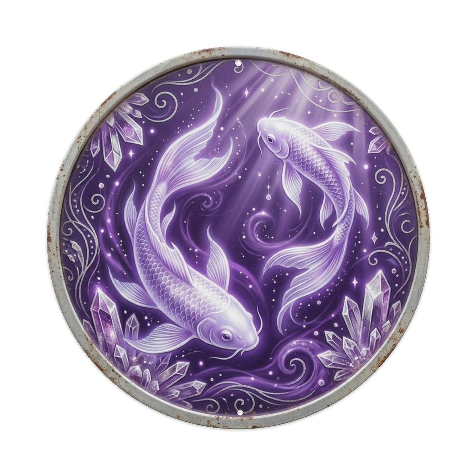Zen Water Garden Koi Amethyst Mystic Waters Oriental Metal Tin Sign Plaque Wall Decor for Cafe, Man Cave, Club Bar, Office, Home Garden Round Metal Poster 8x8Inch