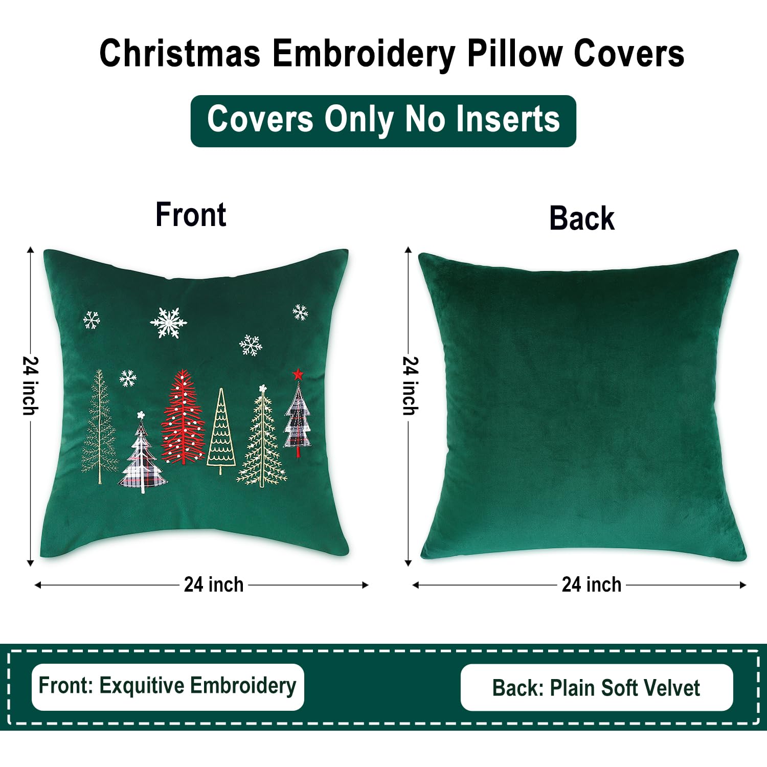 Tosleo Christmas Embroidery Throw Pillow Covers 12 x 20 inch Set of 2 Velvet Pillowcases Forest Green Christmas Trees Cushion Pillow Cases Soft Square Holiday Pillowcase - Image 2