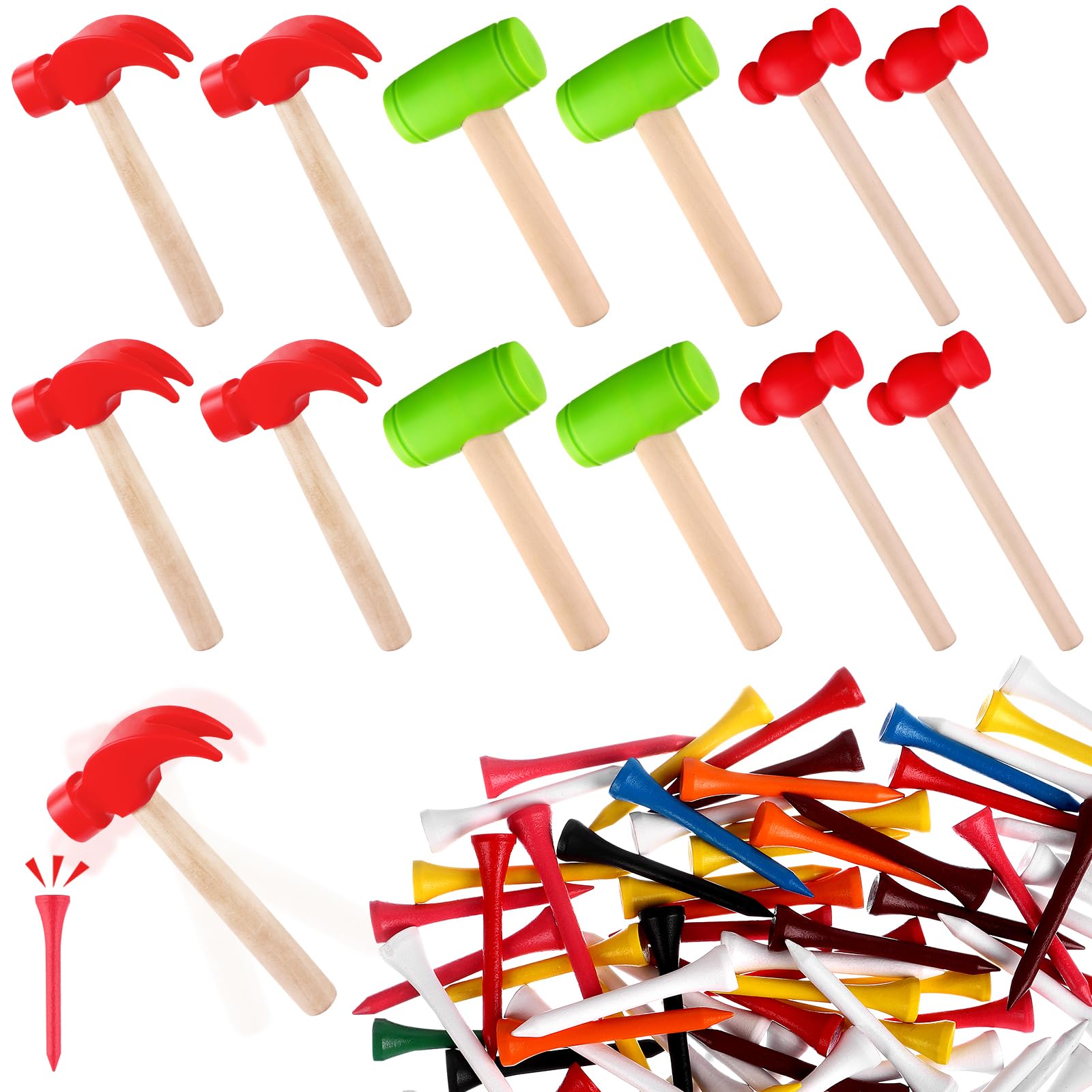 12Pcs Hammer Toys with 100Pcs Small Wooden Hammer Simulation Fake Hammer Maintenance Tools,Toy Hammer Plastic Toddler Claw Hammer Portable Toys Pretend Play Fake Mallet Hammer for Boys Girls