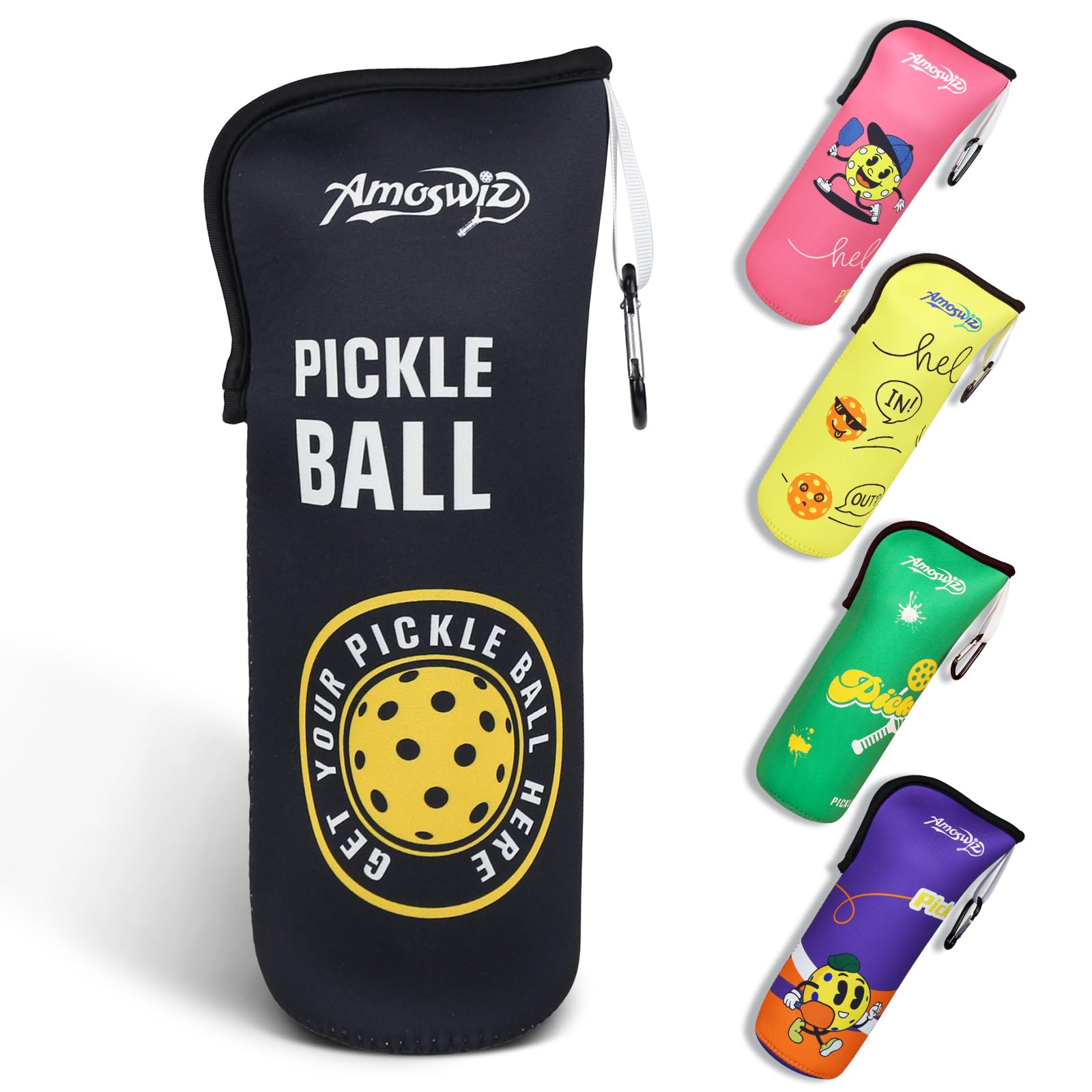 Amoswiz Pickleball Ball Holder - 1 Pc Pickle Ball Storage Bag, Portable Tennis Pouch with Hook for Fence, Premium Neoprene Material Bottle Holder,