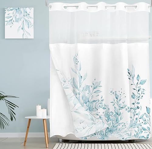 Tititex Juego de cortinas de ducha sin ganchos a presión, diseño de hojas de eucalipto azul claro, doble capa, tela impermeable y transparente para