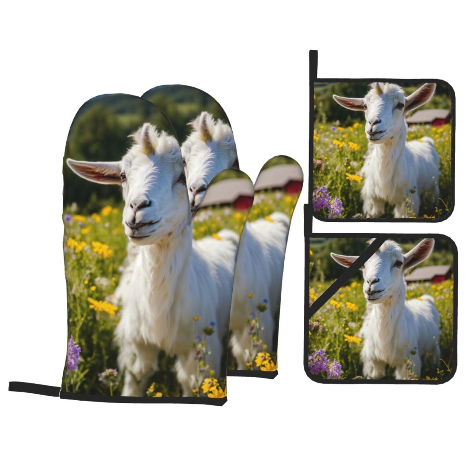 Goat Print 4-Piece Oven Microwaving Set Waterproof Kitchen Gloves for Baking Grilling Cooking