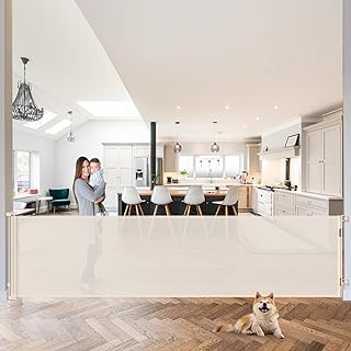 120 Inch Retractable Baby Gates Extra Wide Baby Gate Retractable Dog Gates for The House Extra Wide Dog Gate Extra Long Baby Gates for Large Opening Extra Large Pet Gate Child Gate for Doorway (Beige)