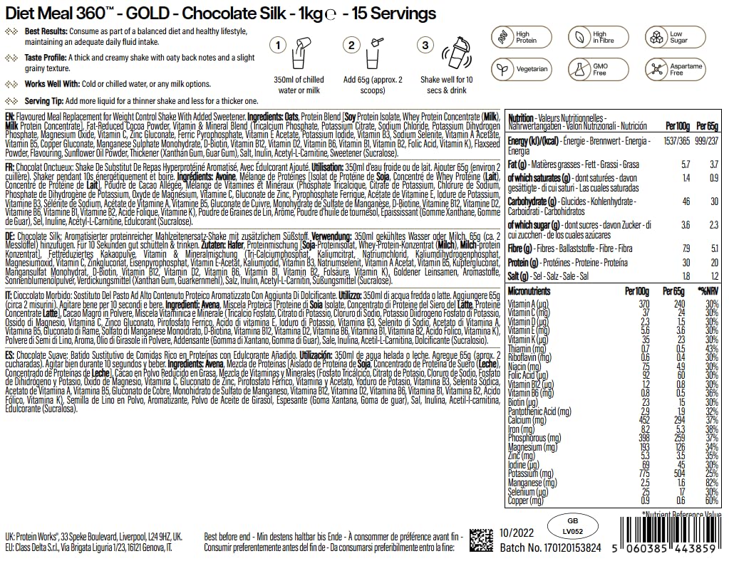 Protein Works | Diet Meal 360 - GOLD Innovation, Trinkmahlzeit, Abnehmshake, Vollwertige Ernährung, 24 Vitamine & Mineralstoffe, Leinsamen, Omega 3, Inulin, Chocolate Silk, 14 Mahlzeiten, 1kg