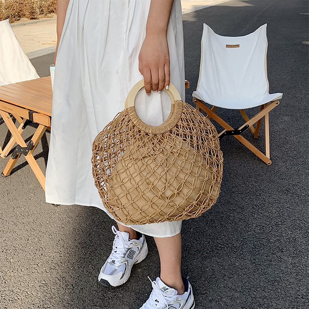 Bolsas De Playa Bolsas De Paja Bolsa De Paja Tejida A Mano, Mujer Beach Tejido De Bolso De Paja Mango Superior Hueco De Pesca De Crochet Bolso Neto De Color Caqui (Color : Khaki)
