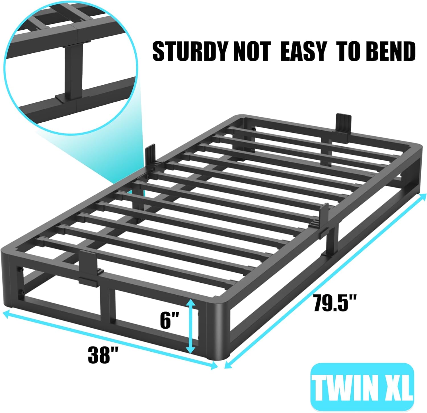 Upgrade Anti Bending and Round Corner Legs 6 inch Metal Twin XL Bed Frame 3500 LBS Heavy Steel Slats Support Platform Bed Frames No Box Spring Needed Platform Noise Free Easy Assembly