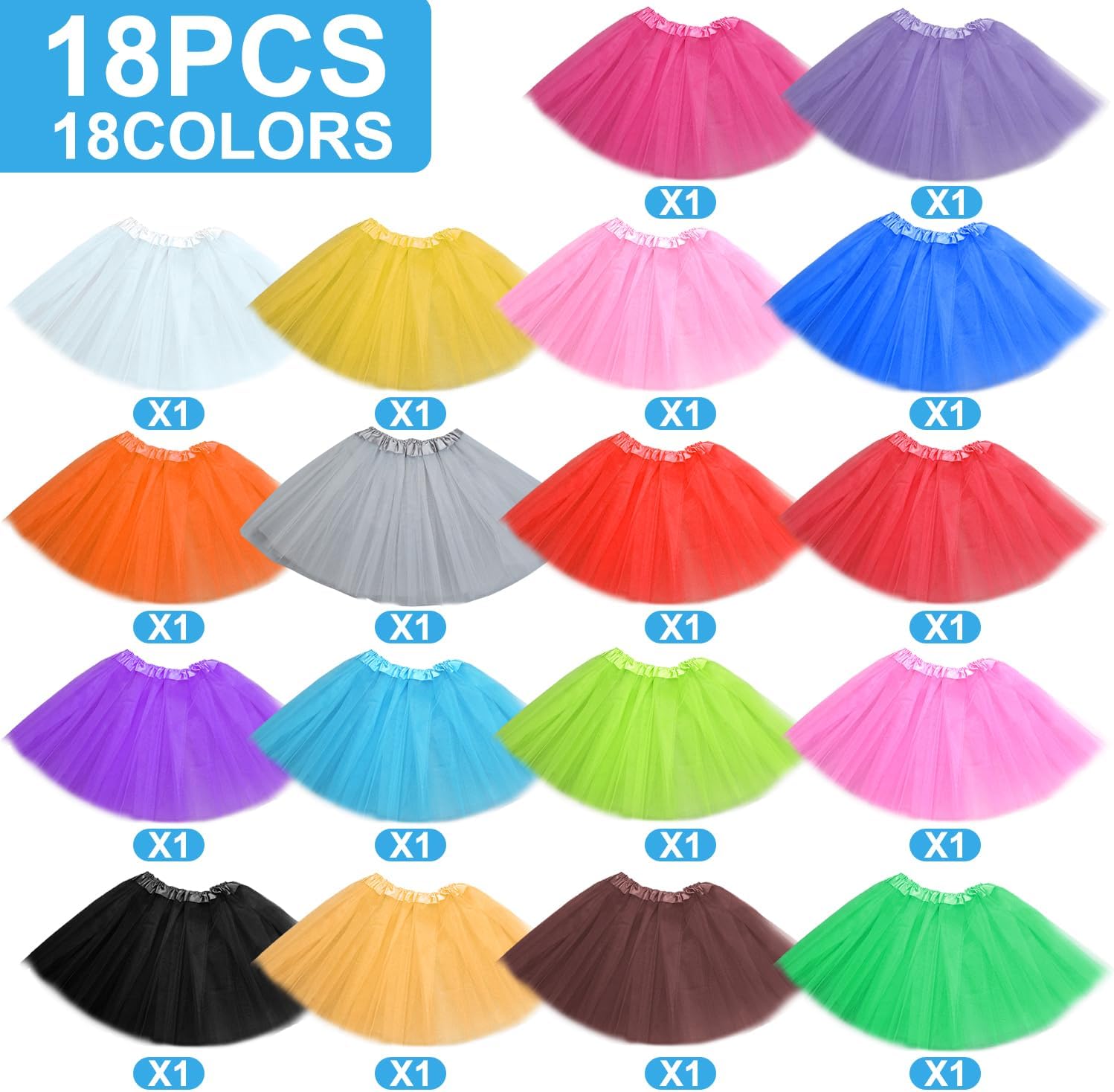 18 Packs Adult Tutu Tulle Skirts for Women,Ballet Cheerleading Girl Cute Skirts,3 Layered 80s Skirts for Cosplay Dance Party Costume Dress,18 Colors