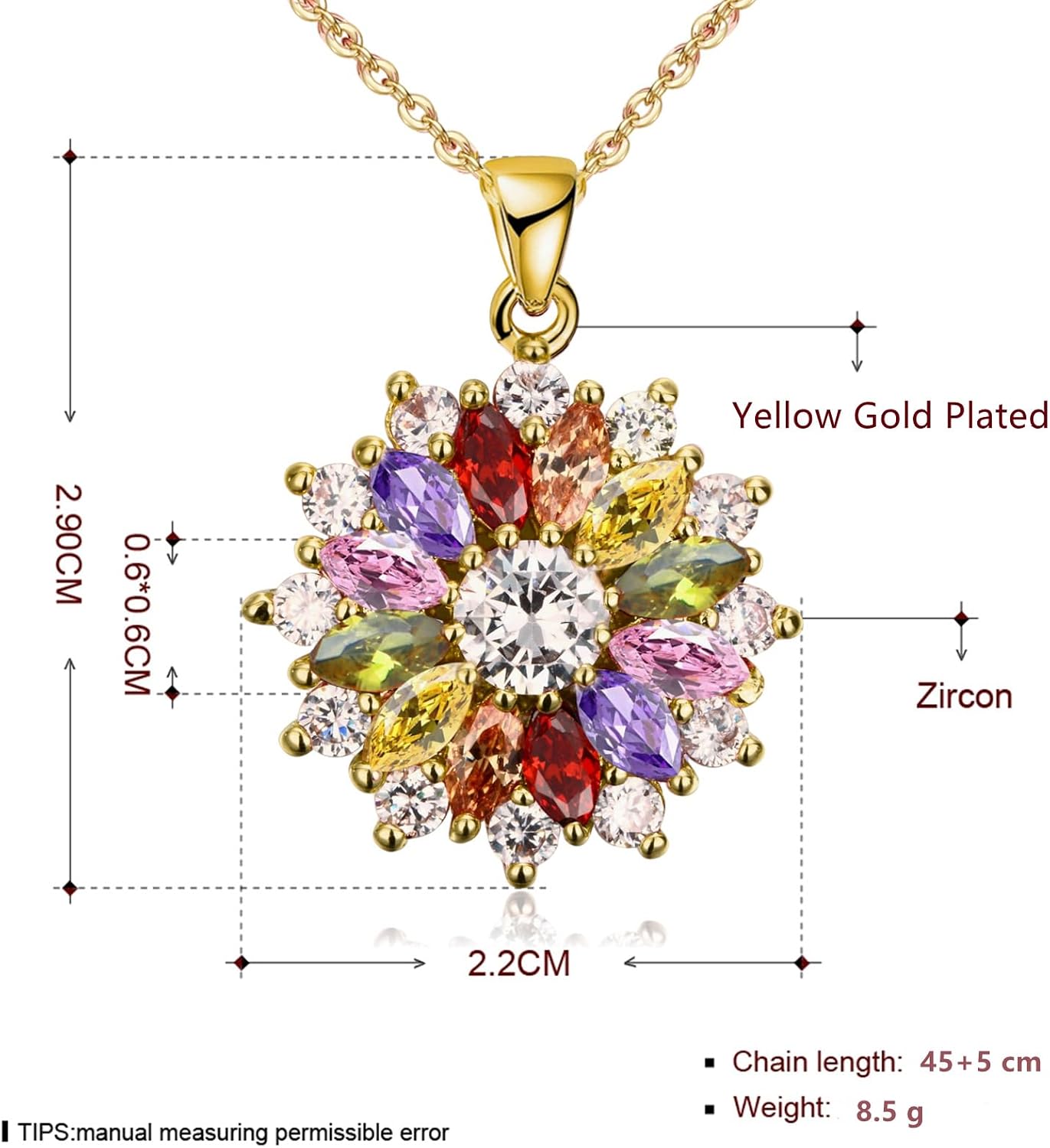 VONSSY Colorful Snowflake Pendant Necklace Earrings Rose Gold 5A Cubic Zirconia | Crystal Sweater Chain | Multi Gemstone Garnet Amethyst Morganite Peridot Prom Rhinestone Necklaces for Women Vintage Stylish Gift