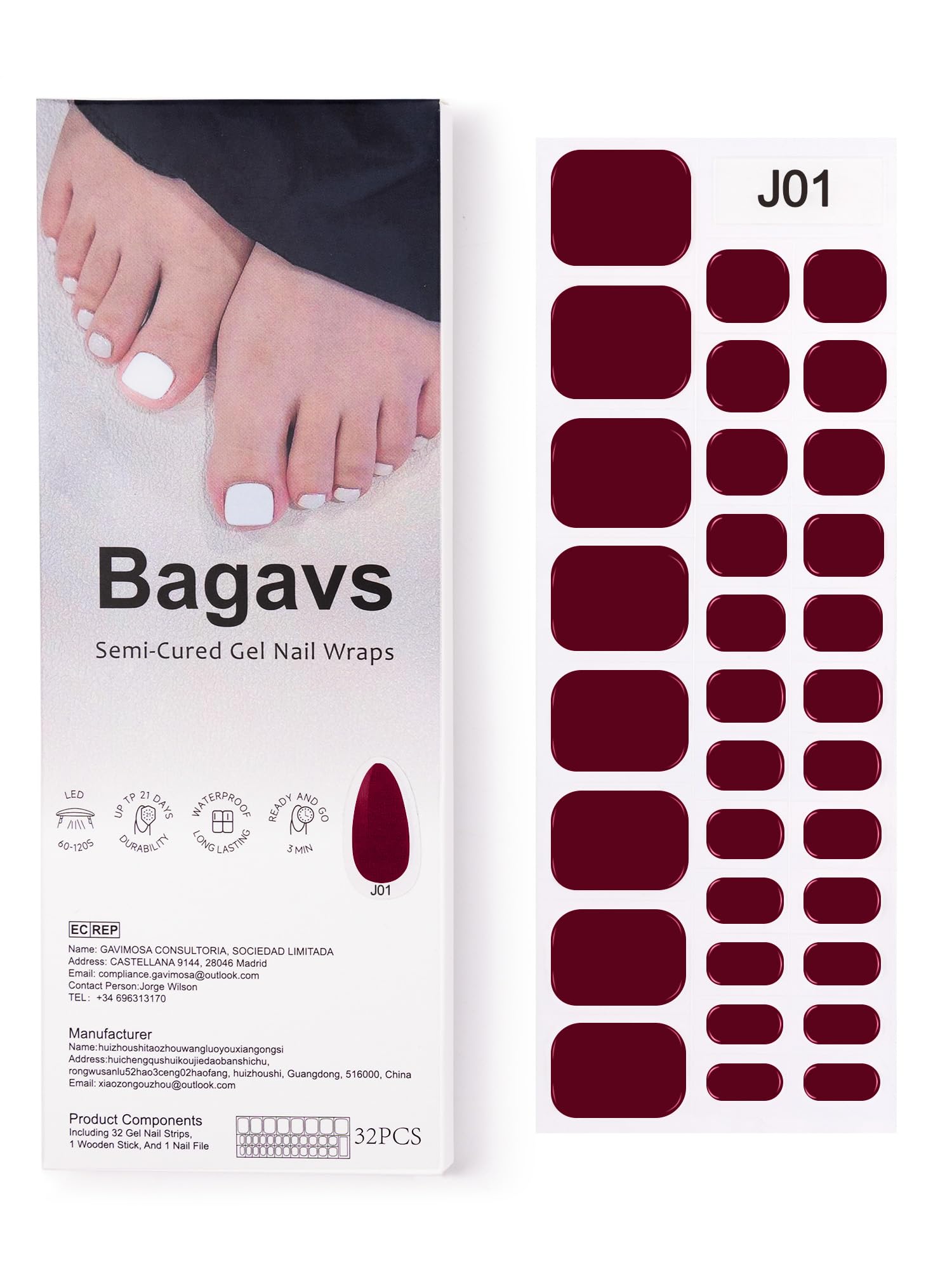 Strisce Adesive Unghie Gel UV Piedi 32 PCS Burgundy Pedicure Semi Indurite Effetto Gel Lucido