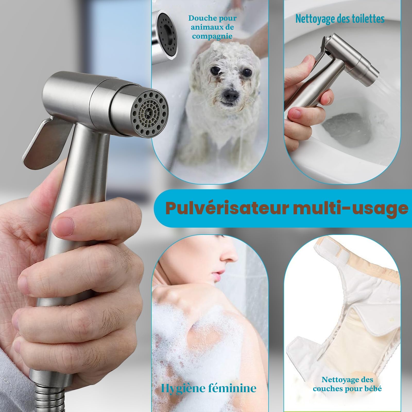 Ensemble de douchette de bidet, double fonction, en acier inoxydable brossé, avec valve en T G1/2" et adaptateur G3/8", pour douche, salle de bain, hygiène, nettoyage des couches