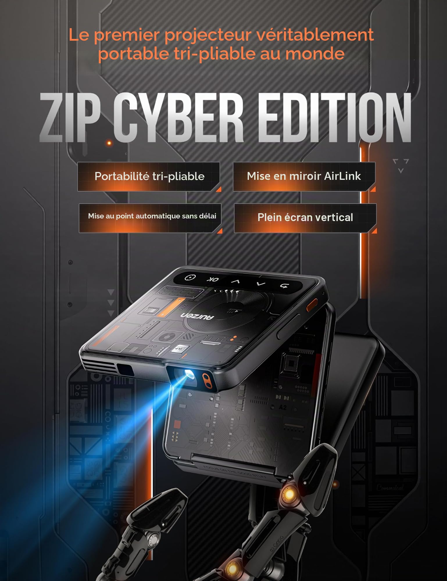 Aurzen Zip Cyber Tri-Fold Mini Vidéoprojecteur DLP, autonomie jusqu'à 1,5 h