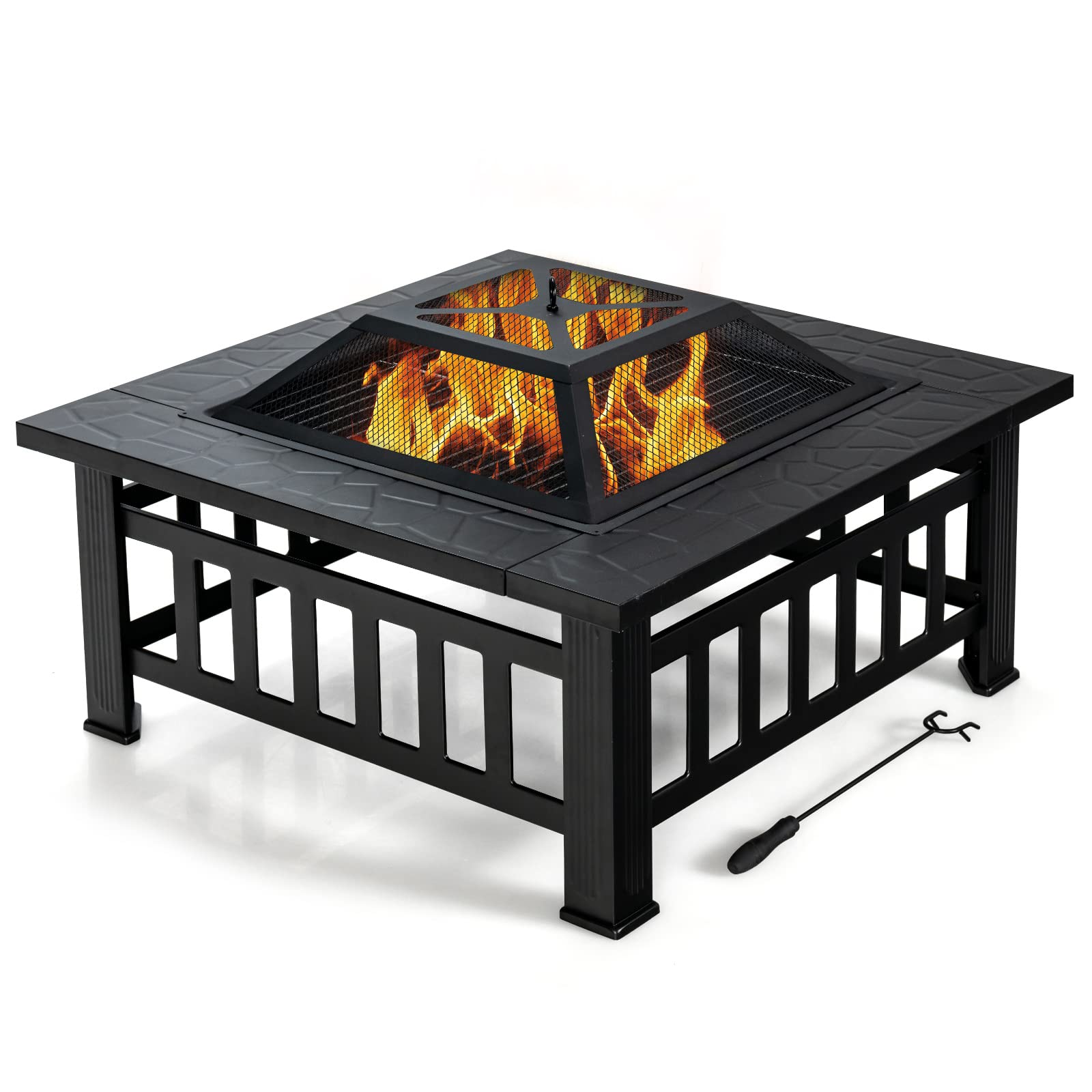 KOMFOTTEU Brasero Exterior 3 en 1, 81 x 81 cm, Mesa para Hoguera con Atizador, Rejilla para Leño, Rejilla para Barbacoa, Pozo de Fuego Metálico con Protección contra Chispas, Picnic Camping, Negro