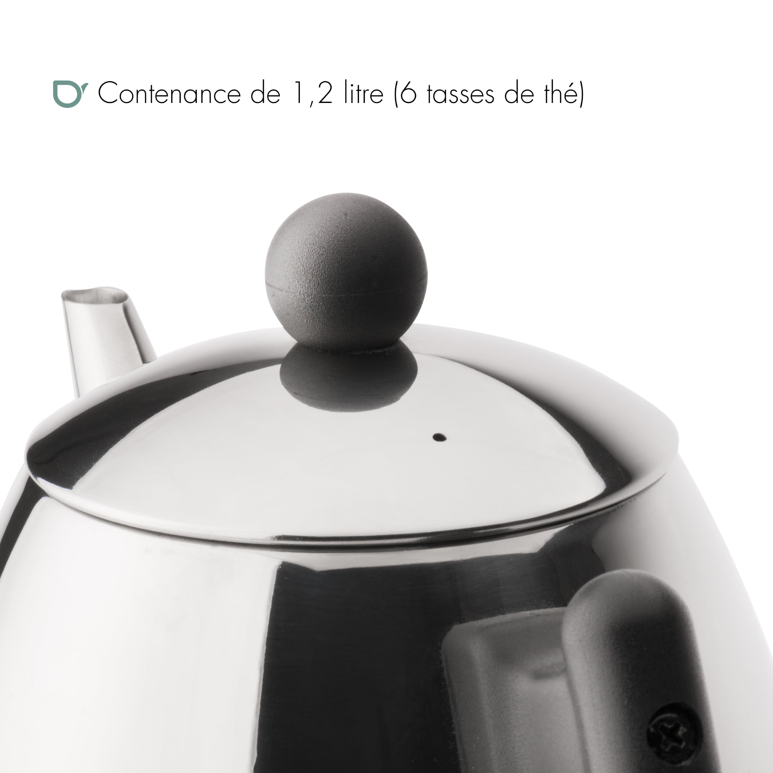 Bredemeijer - Théière Classic - 1,2 L - Acier inoxydable - Garnitures noires, Argenté avec Poignée Noire | Théière avec Infuseur Double Paroi, Théière Isotherme 1h, Poignée Froide et Bec Anti-Goutte