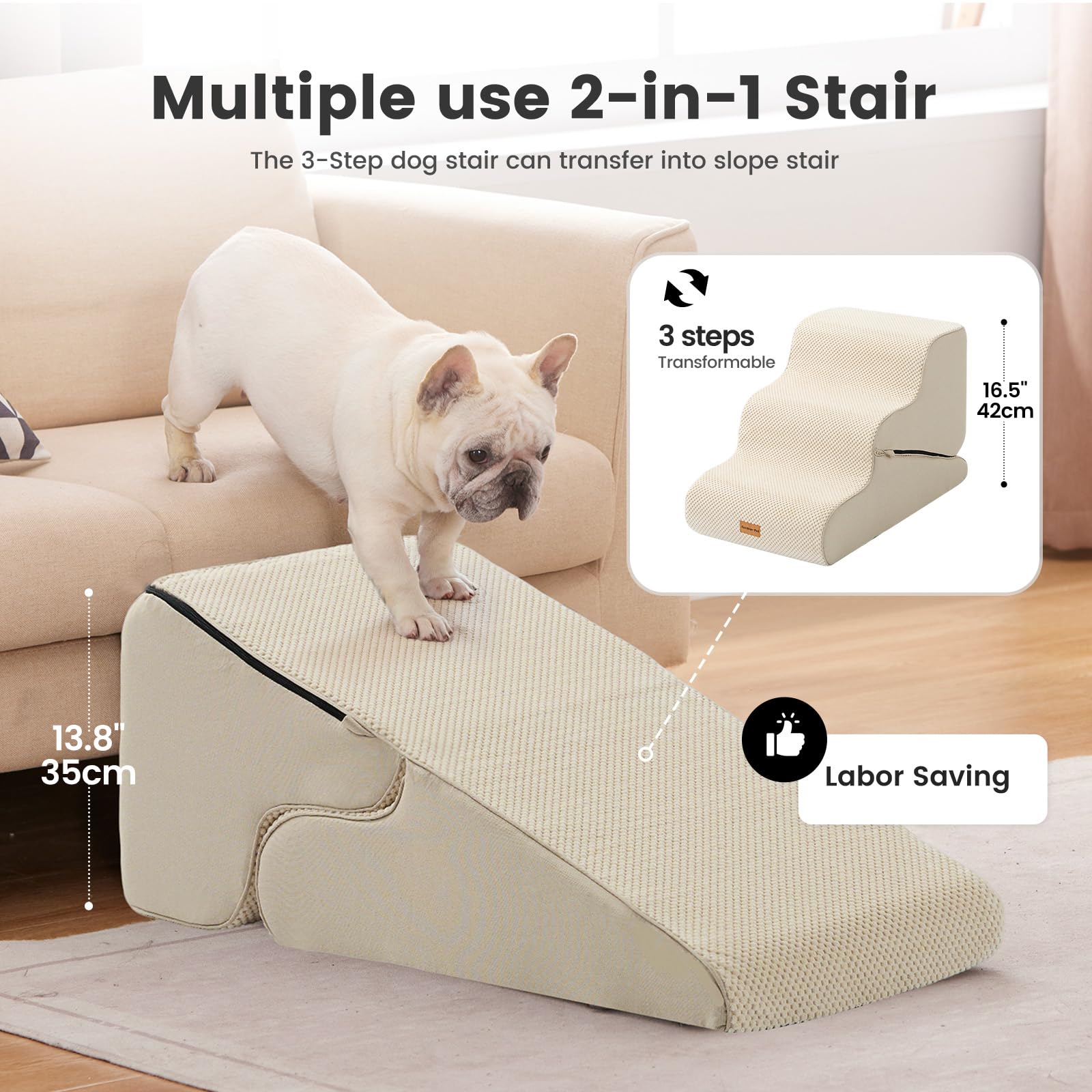 Gardner Pet Scala per Cani Piccoli 35/42cm, 3 Gradini, Rampina in Schiuma con Rivestimento Antiscivolo e Impermeabile per Letto, Divano e Auto, Beige