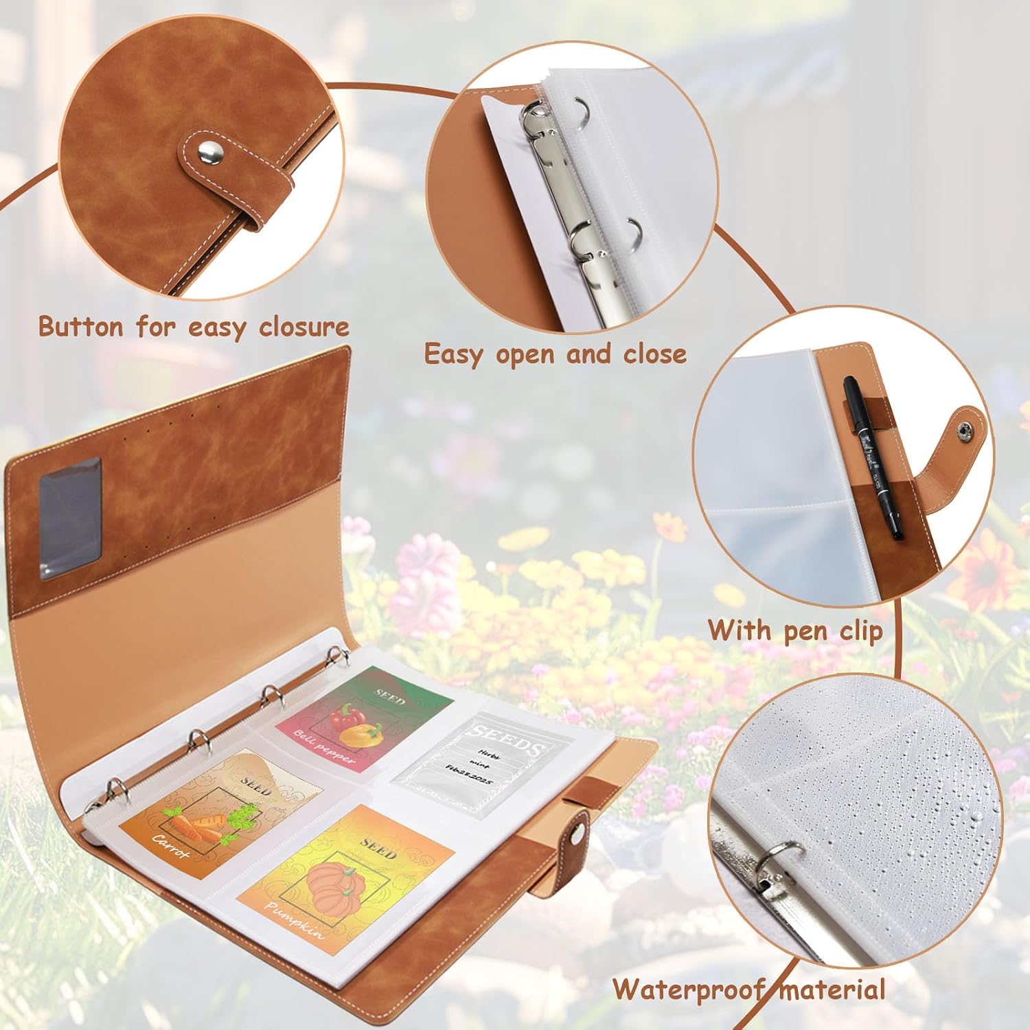 Garden Seed Storage Organizer Binder: 100 Resealable Envelopes + 25 Sheet 100 Pockets Protectors | Durable Organizer for Seed Packets, Saving & Planting - Brown image 3