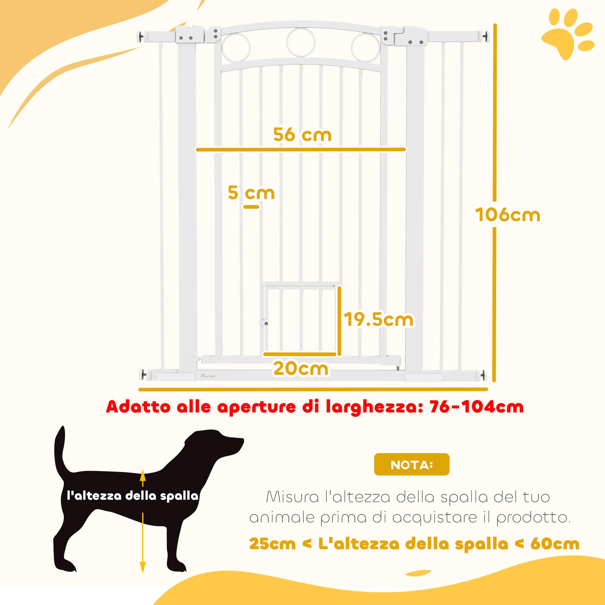 PawHut Cancelletto per Cani da Interno, Cancelletto di Sicurezza con 2 Estensioni 76-104 cm e Porta per Gatti, Cancello per Cani Animali Domestici Alto 106 cm per Corridoio e Scale, Bianco