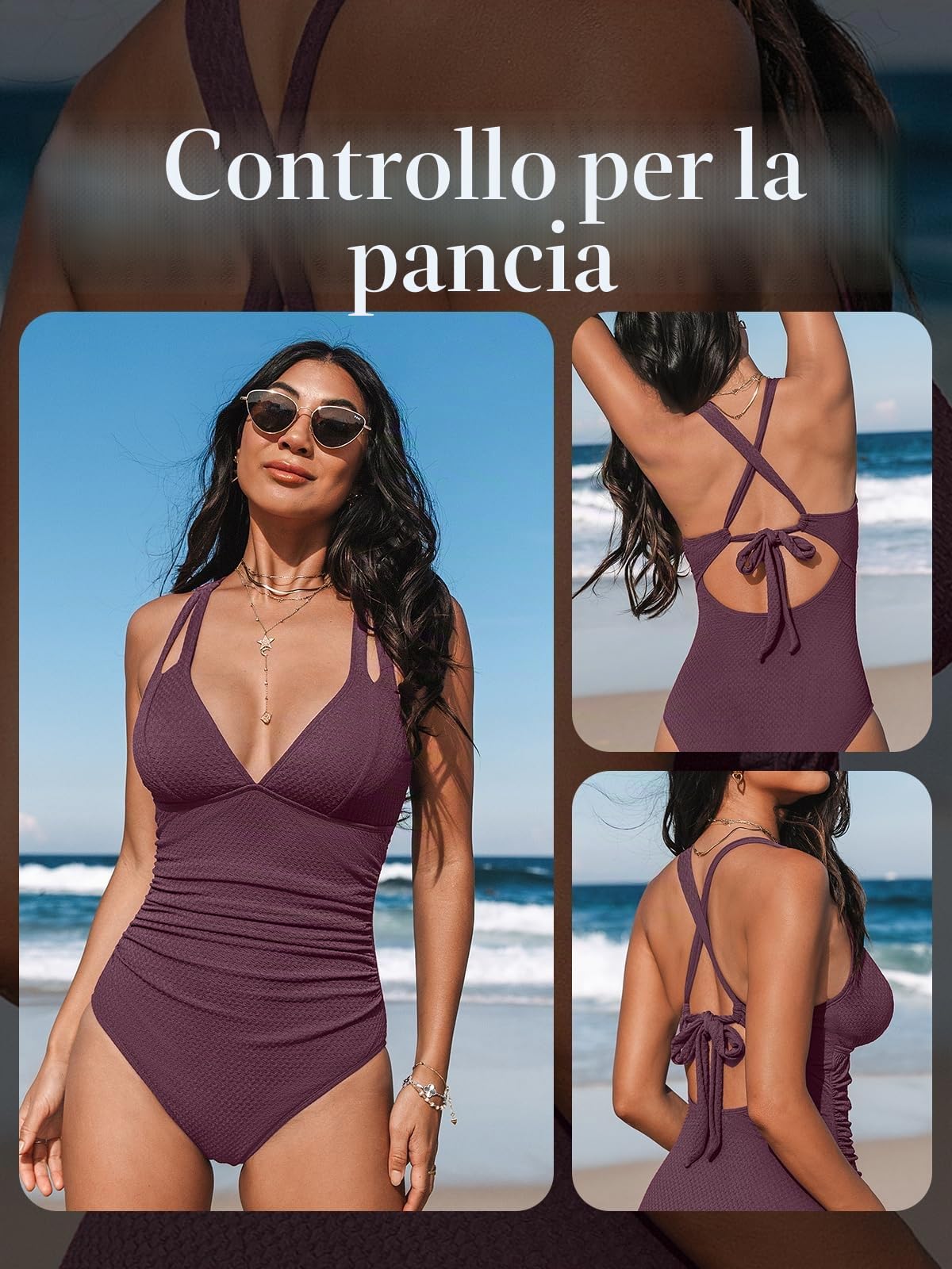 Cupshe - Costume da bagno intero da donna, modellante, con scollo a V profondo, doppio spallino, schiena incrociata, da allacciare, L