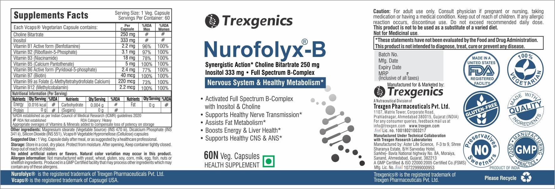 Trexgenics Nurofolyx B Advanced Nervous System and Healthy Fatty Acid Metabolism and Energy Boost with Choline 250 mg, Inositol 333 mg -60 Veg. Capsules - Pack of 2 — Amazon image 2