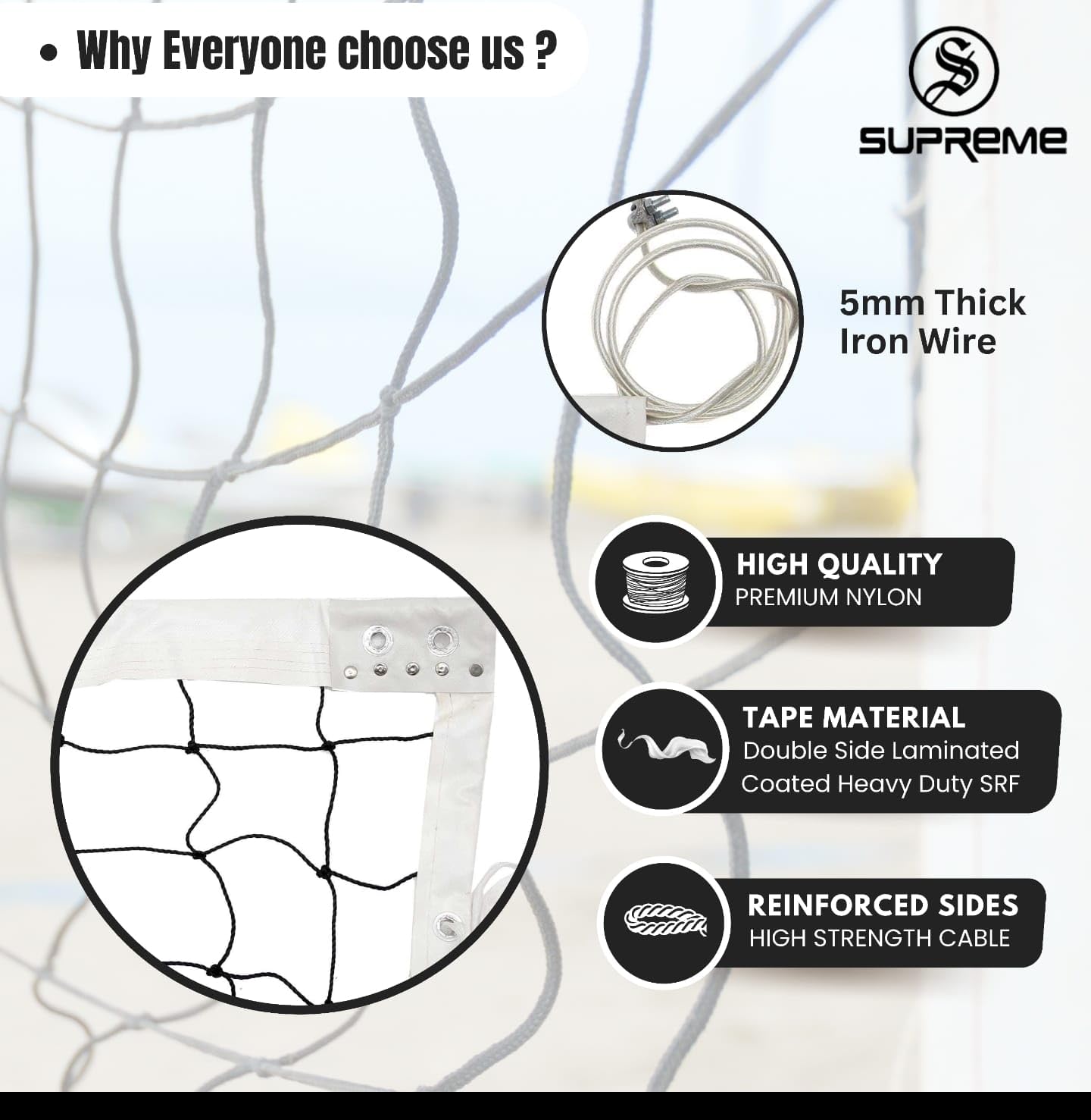 Supreme Volleyball Net PRO 3 MM Nylon Thickness with Iron Wire Professional Qlty.(Pack of 1) 3