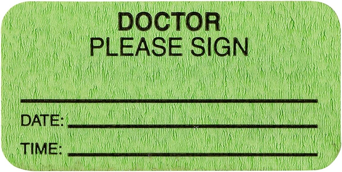 Carstens Medical Stickers – Doctor Please Sign Date: Time: Alert and Instruction Labels for Medical Charts, Green and Black, Roll of 100 Patient Chart Labels, W1.5" x H.75"