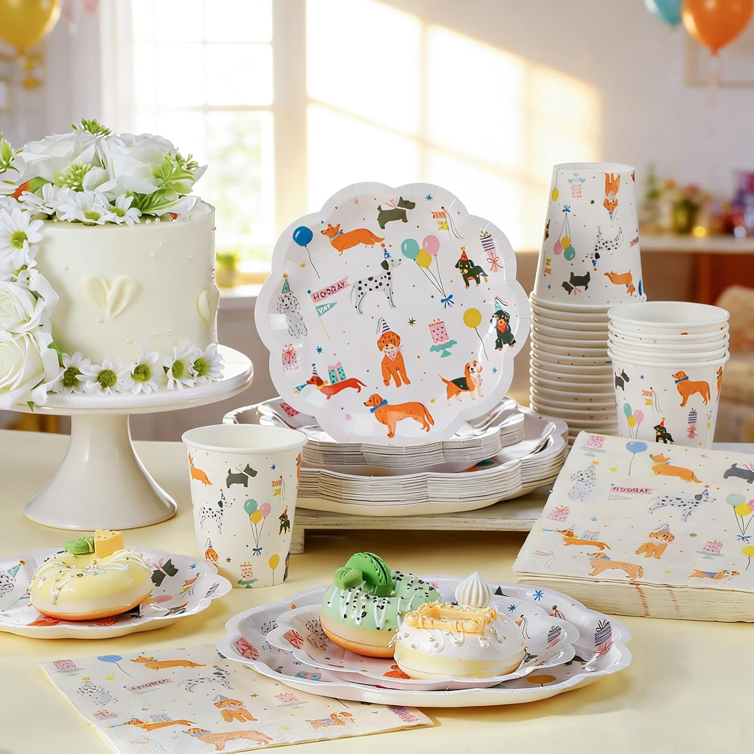 Jinei 100 Pcs Dog Theme Birthday Party Decorations Dog Prints Paper Plates Napkins Cups Tableware Set Disposable Dinnerware Serve 25 Guest Puppy Party Favors Supplies