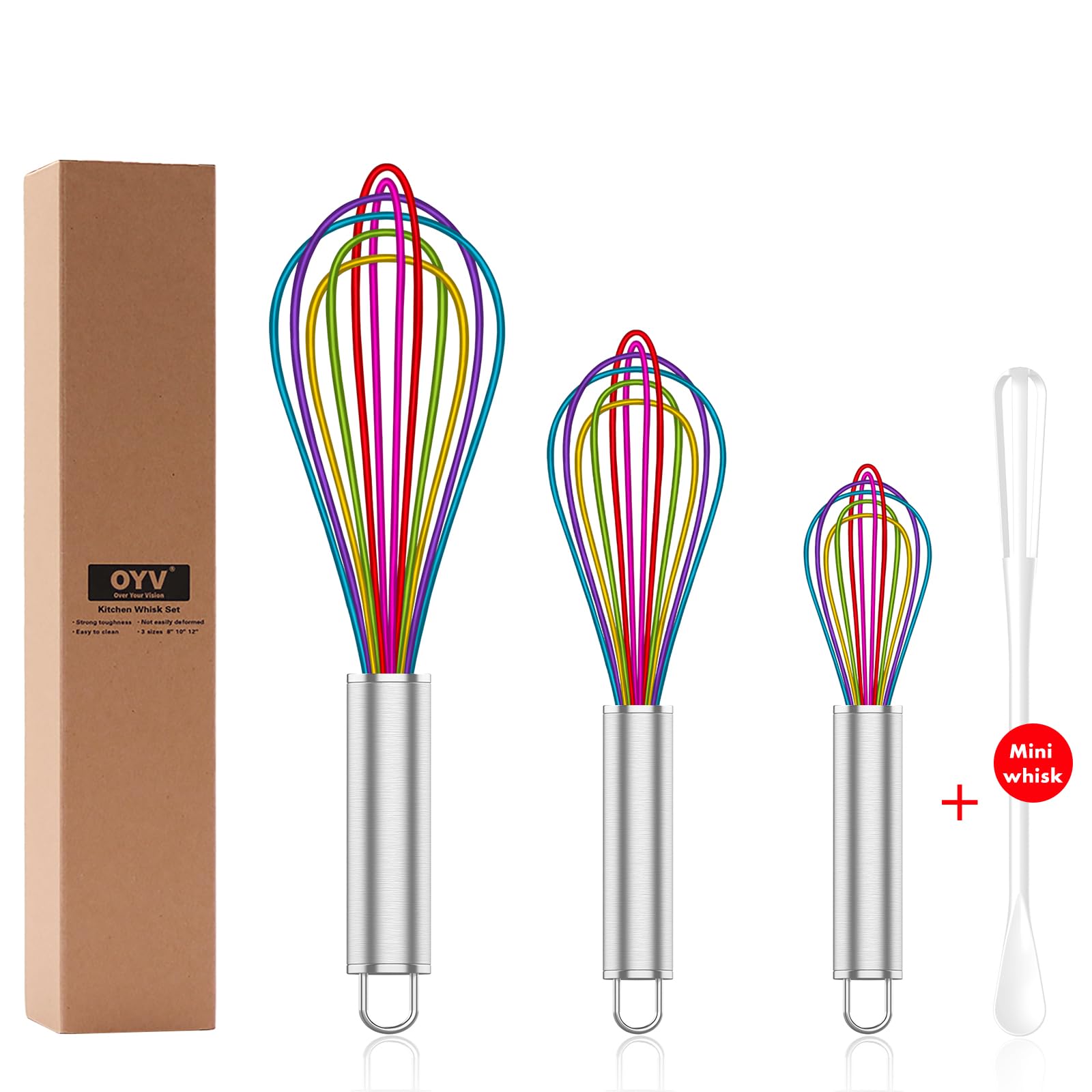 OYV Silicone Whisk,Professional Whisks For Cooking Non Scratch,Stainless Steel & Silicone Wisk,Plastic Rubber Whisk Tool For Nonstick Cookware,Silicon Wisks Set of 3,Rainbow,for Blending,Colorful.