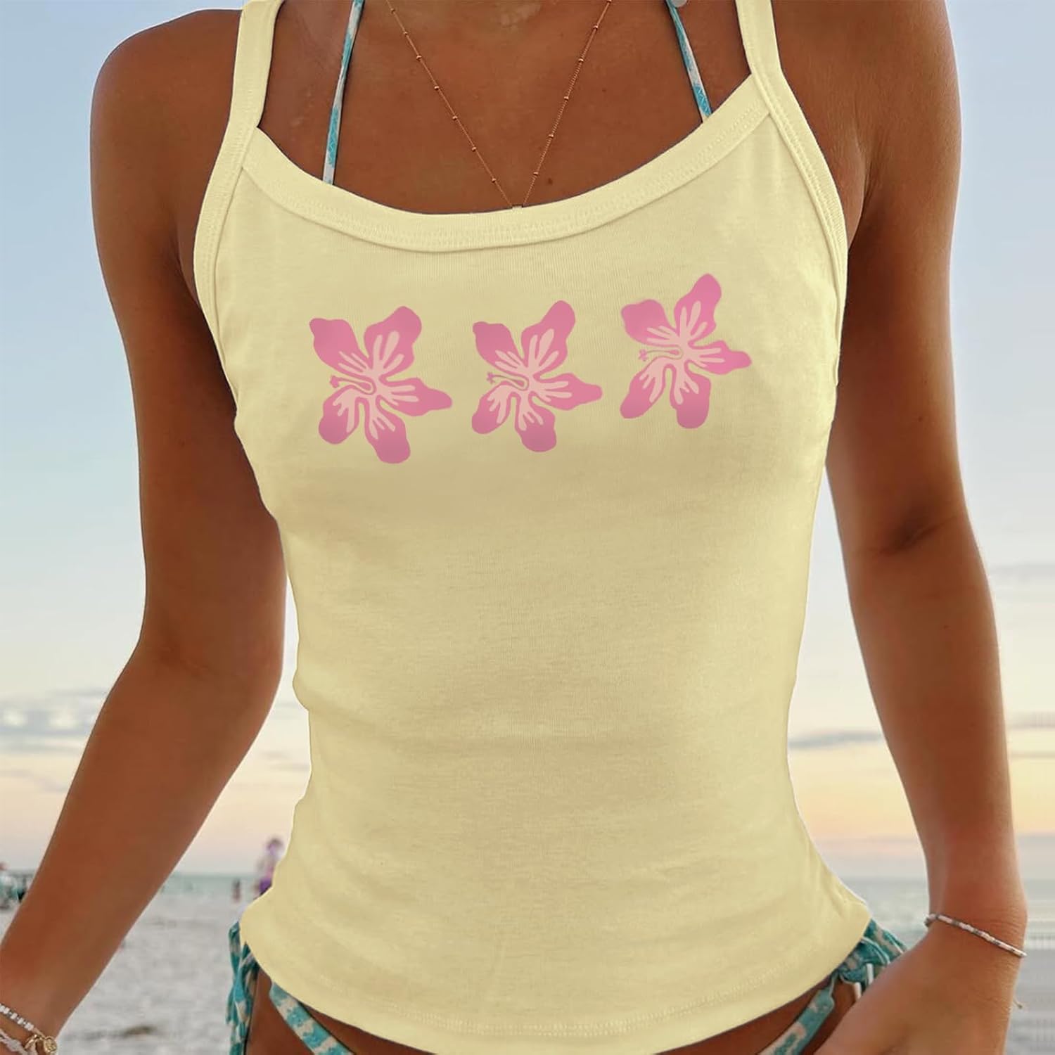 Women Y2k Floral Tank Tops Spaghetti Strap Slim Fit Hibiscus Flower Cami Top Summer Going Out Camisoles - Image 4