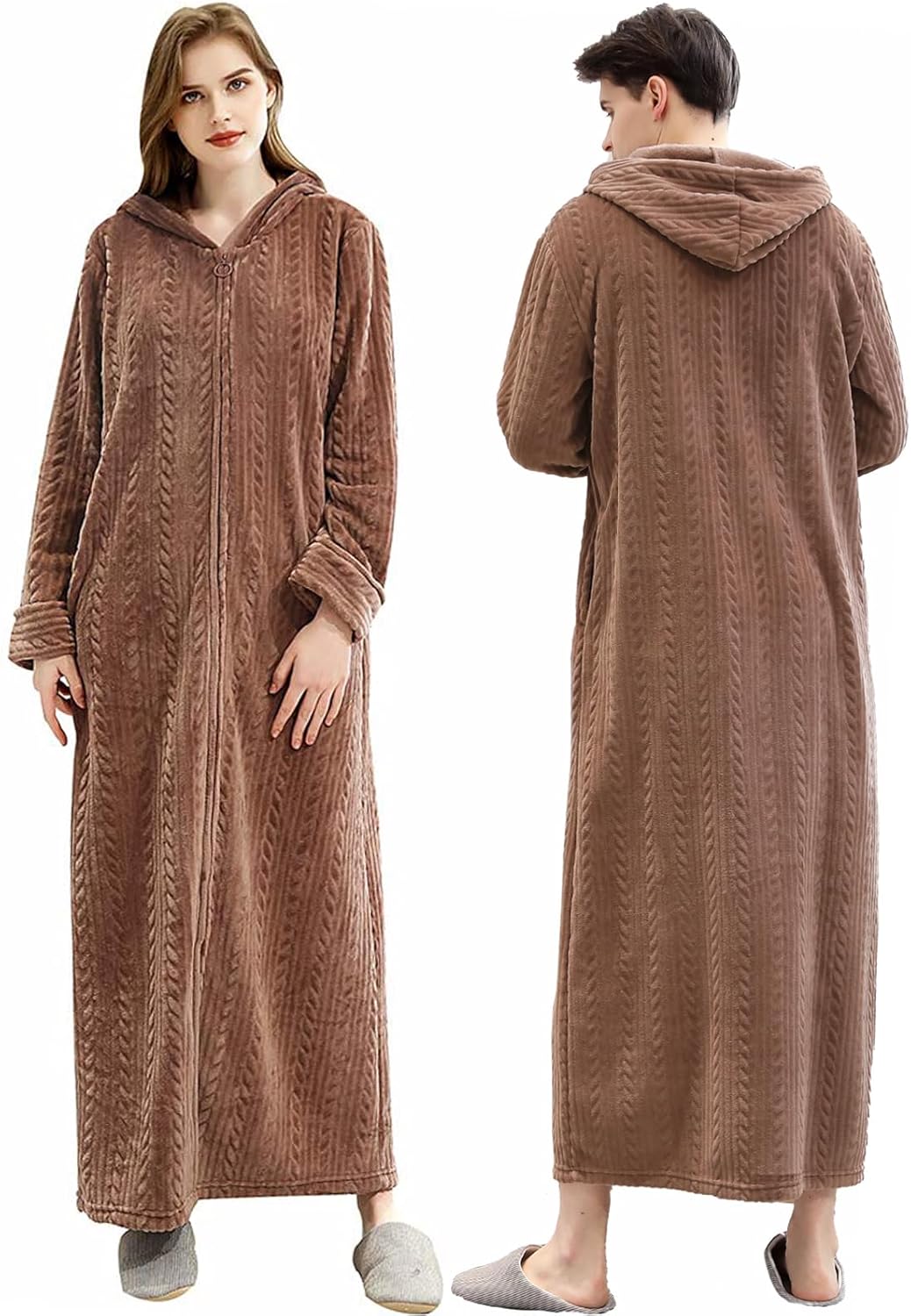 Oksun Womens Fleece Warm Robe: Cozy Flannel Long Zipper Bathrobe - Plush Winter Housecoat Nightgown