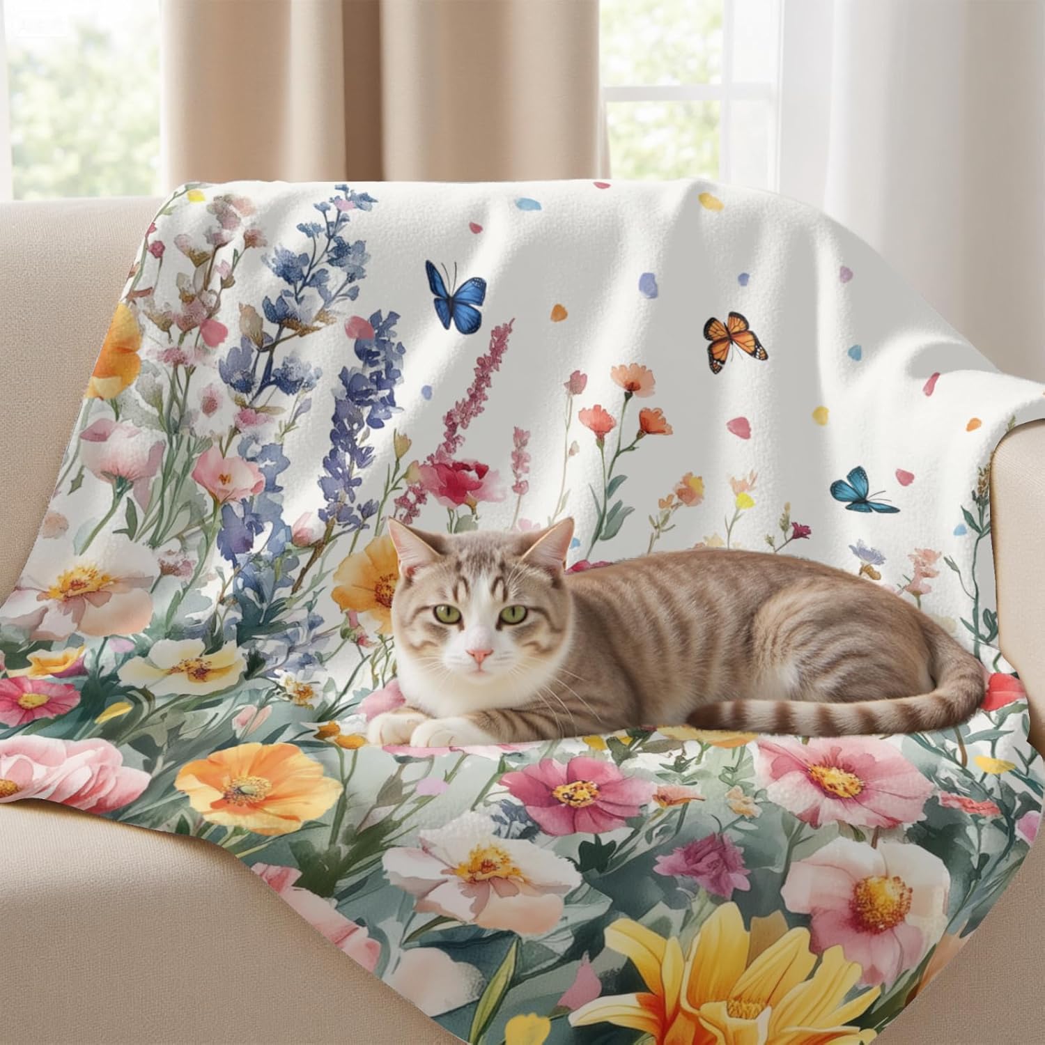 Spring Flower Throw Blanket Botanical Floral Flannel Fleece Bed Blankets Cozy Fuzzy Plush Lightweight Blanket for Sofa Bed Couch 50x60 inch