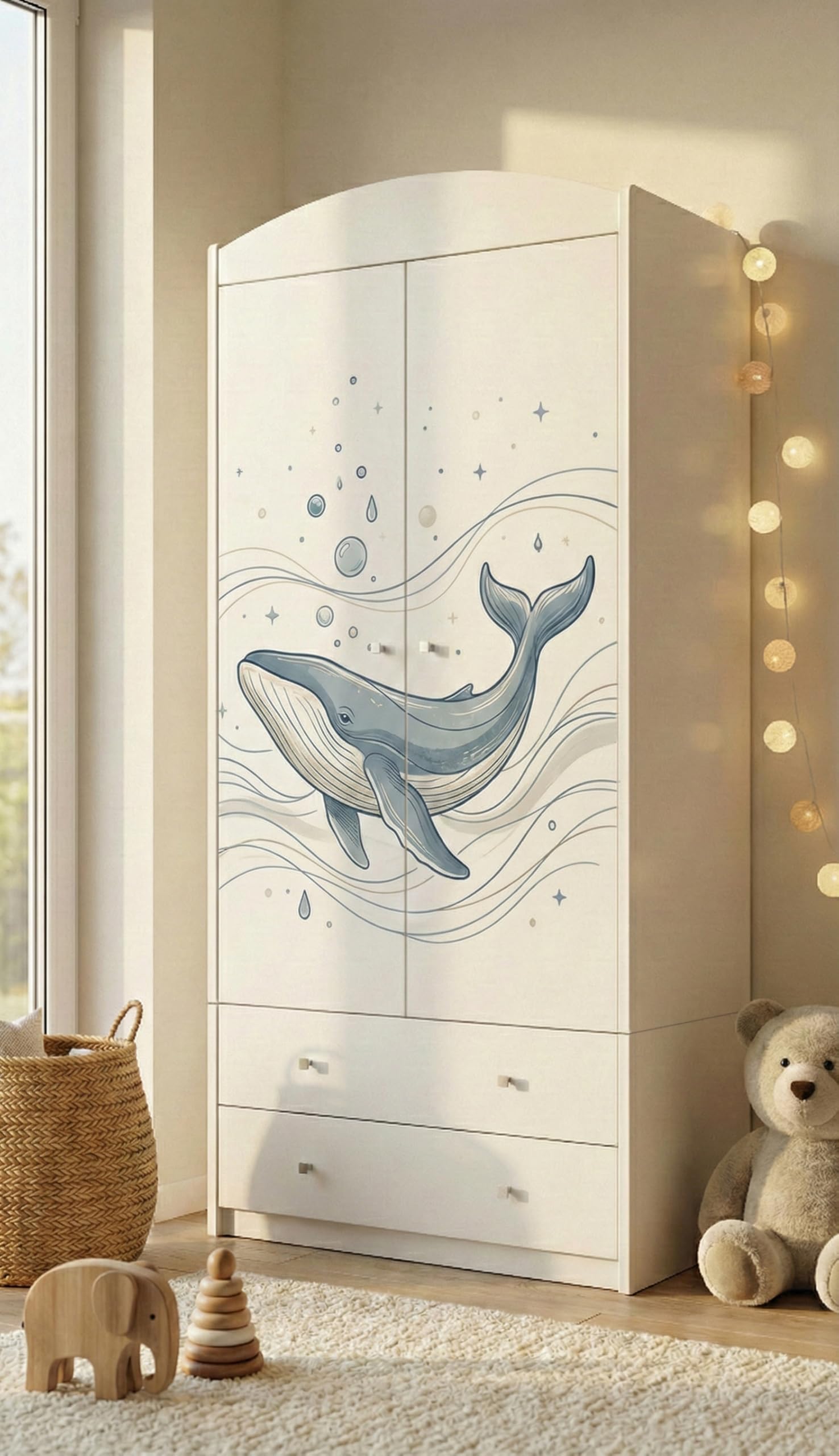 Happy Babies Armario infantil con diseño encantador, armario de 2 puertas para habitación infantil, incluye 2 cajones, barra para colgar ropa y estantes, color blanco (88 x 187 x 54 cm) (nr 388)