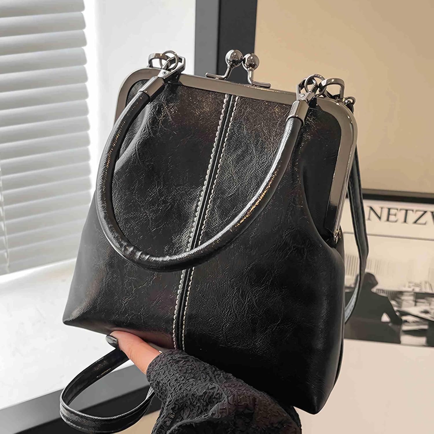 black crossbody bags for women, small kiss lock purses and handbags, purse with pockets and compartments - Image 2