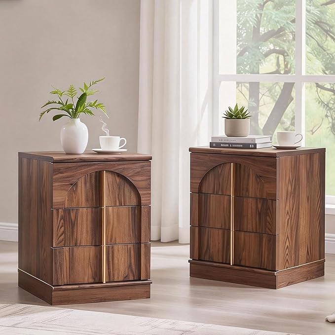 ACCOHOHO Modern Night Stand Set 2 with Arched Panel, 18" Nightstand with Charging Station, Side Table with 3 Storage Drawers, Wood Square Bedside End Table for Bedroom Living Room, Brown