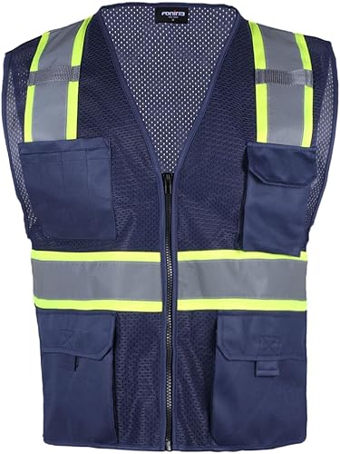 FONIRRA Chaleco de seguridad reflectante de alta visibilidad para hombre, chaleco de trabajo de construcción ANSI Clase 2 con bolsillos y cremallera