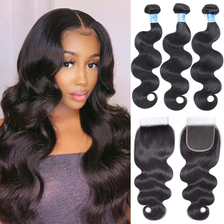Panse Hair Peruvian Body Wave Human Hair 3 Bundles with Closure 100% Unprocessed Virgin Peruvian Hair 3 Bundles with 5x5 Free Part Closure (22 24 26+20inch)