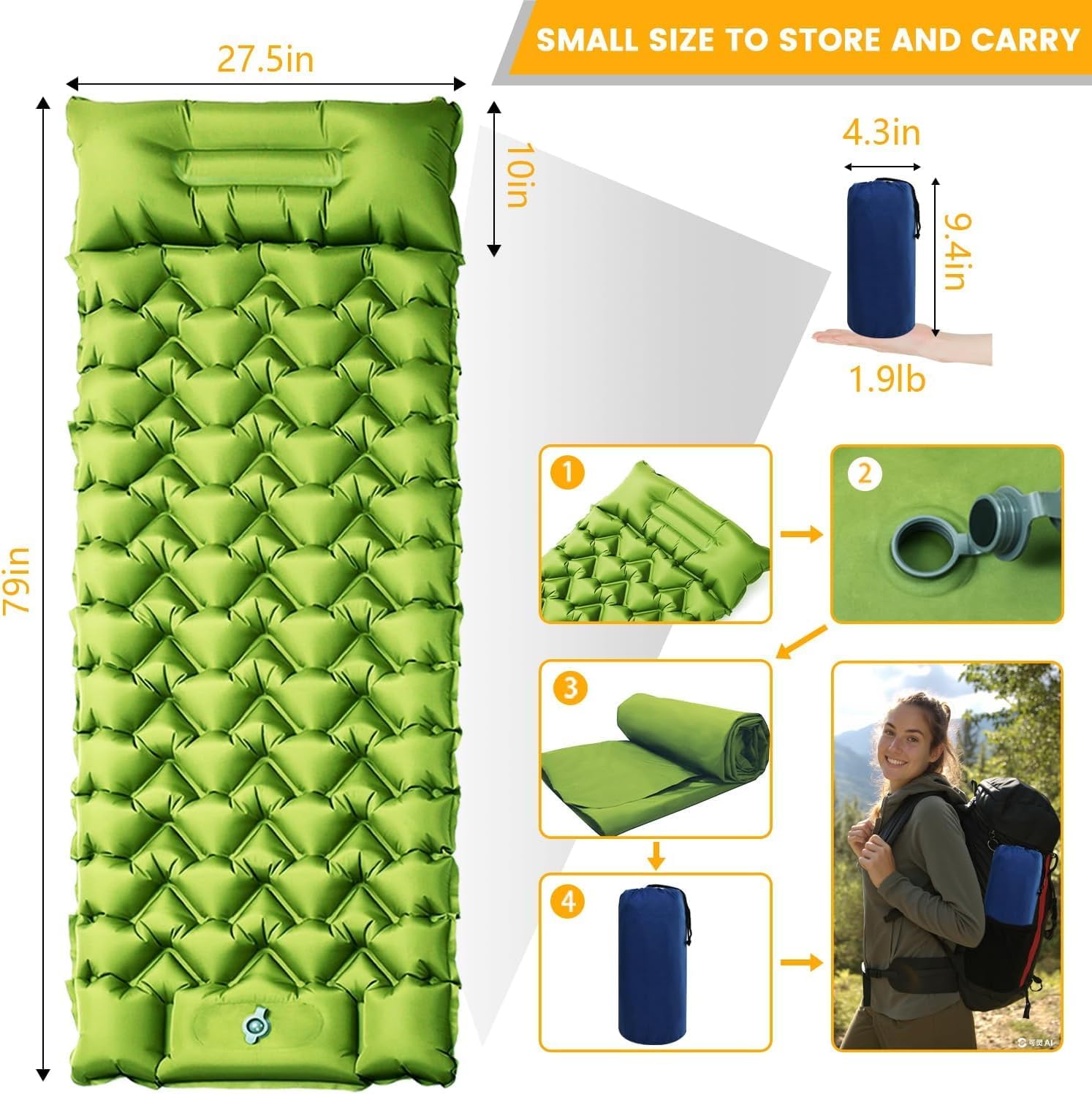 2 Pack 4-Inch Camping Sleeping Pads with Foot Pump and Pillow image 2