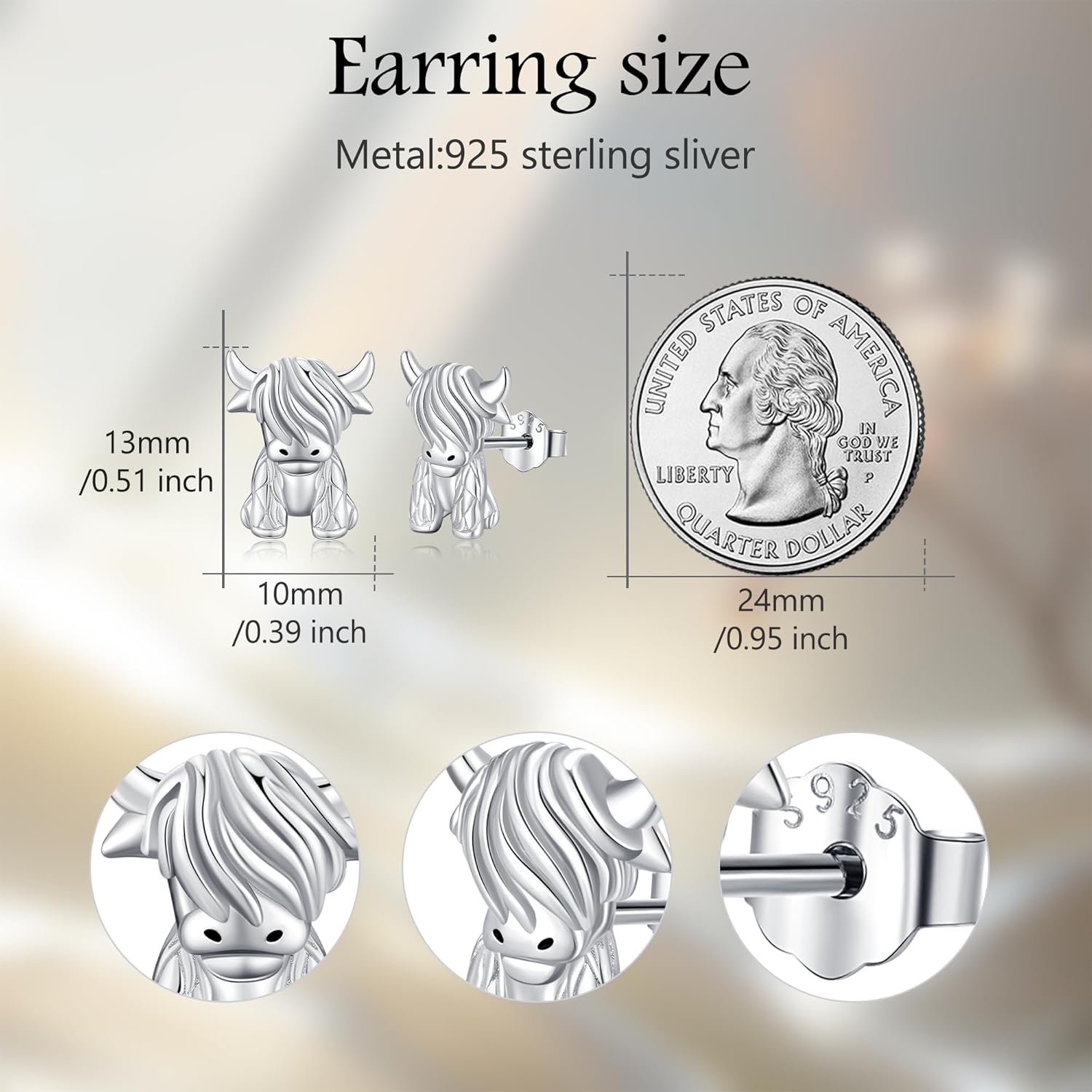 Highland Cow Dangle Stud Earrings 925 Sterling Silver Highland Cow Cute Animal Jewellery Earrings Gifts for Women