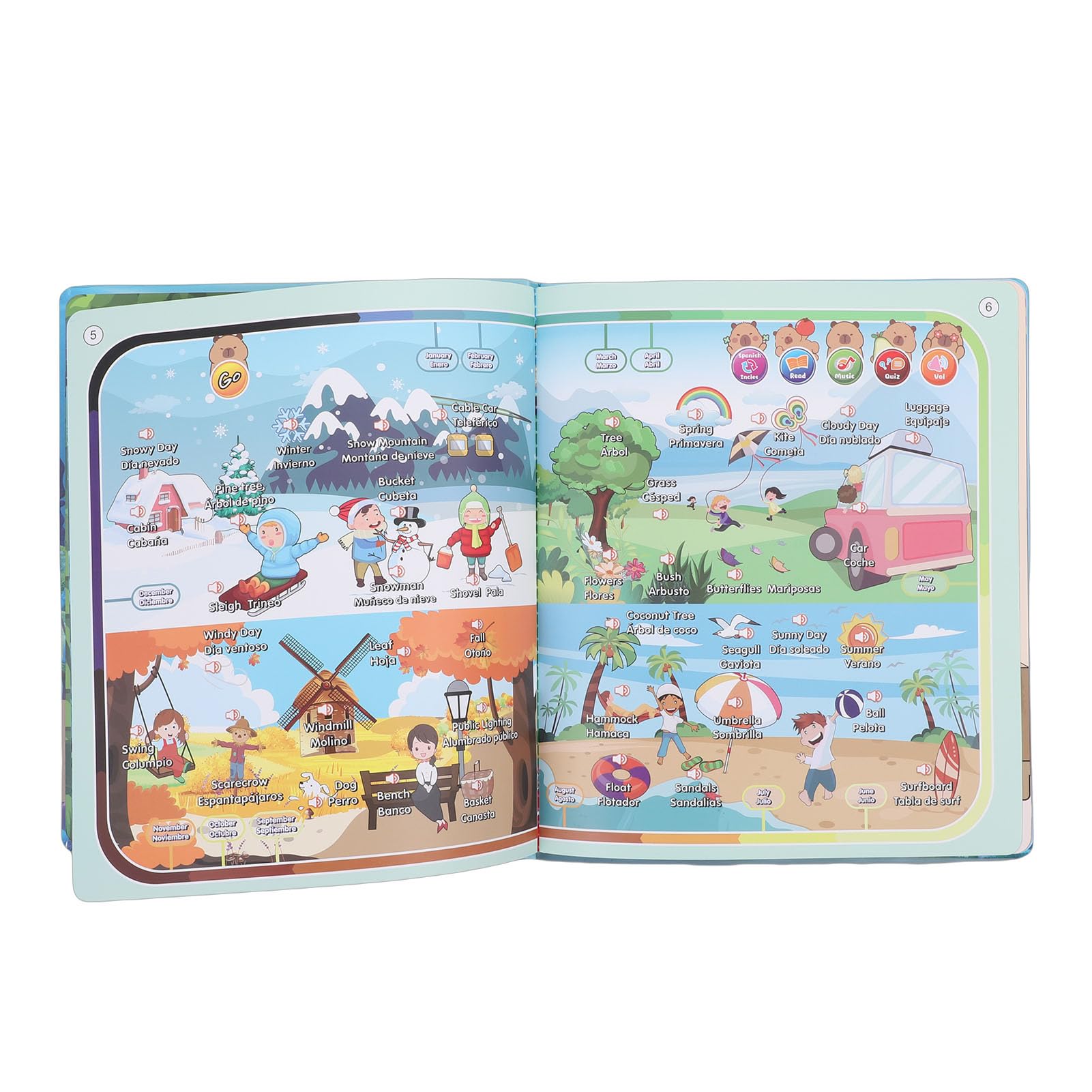 Bewinner Libro de Sonido Bilingüe Español Inglés Herramienta de Aprendizaje Interactivo para Niños 29x25cm para Educación Temprana