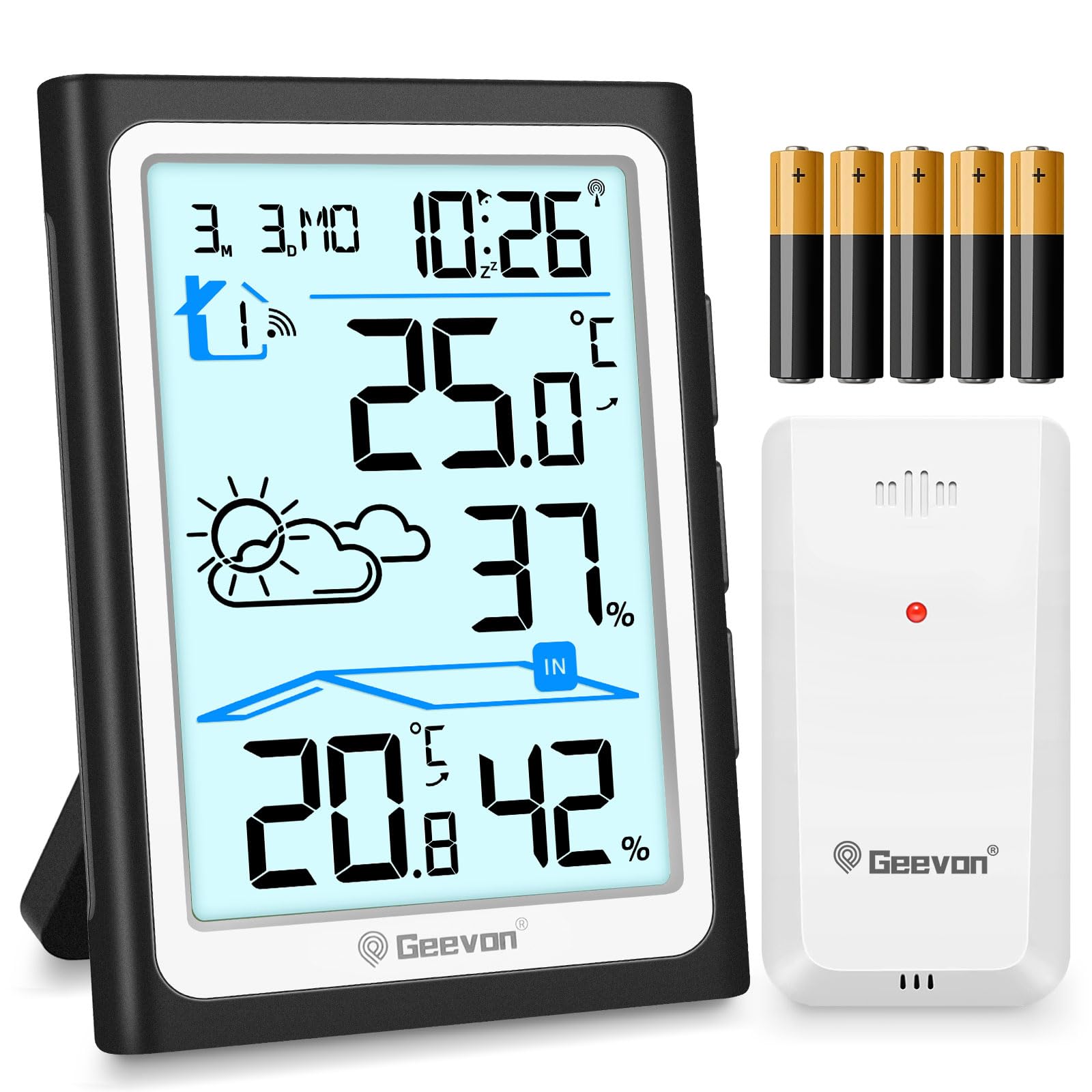 Geevon Wetterstation Funk mit Außensensor, DCF Digital Wettervorhersage, Innen/Außen Temperatur Hygrometer, Funkwetterstationen, Alarmfunktion und Mehrfachmontageoptionen Wecker (256305 mit batterien)