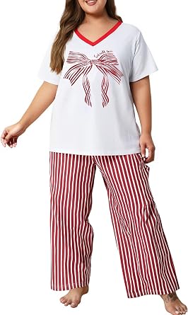 NANYUAYA Plus Size Womens Pajama Sets, Soft Loungewear V Neck Short Sleeve Carpri Pant with Pockets Sleepwear PJs 1X-5X