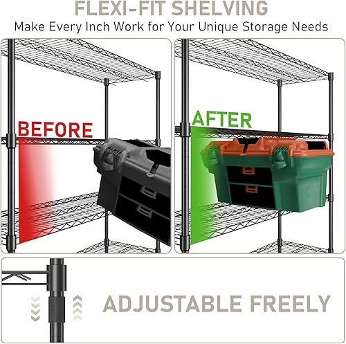 Vista 6 de Estante de almacenamiento de metal resistente de 62.56 pulgadas de alto x 59 pulgadas de ancho x 20 pulgadas de profundidad con ruedas, estantería