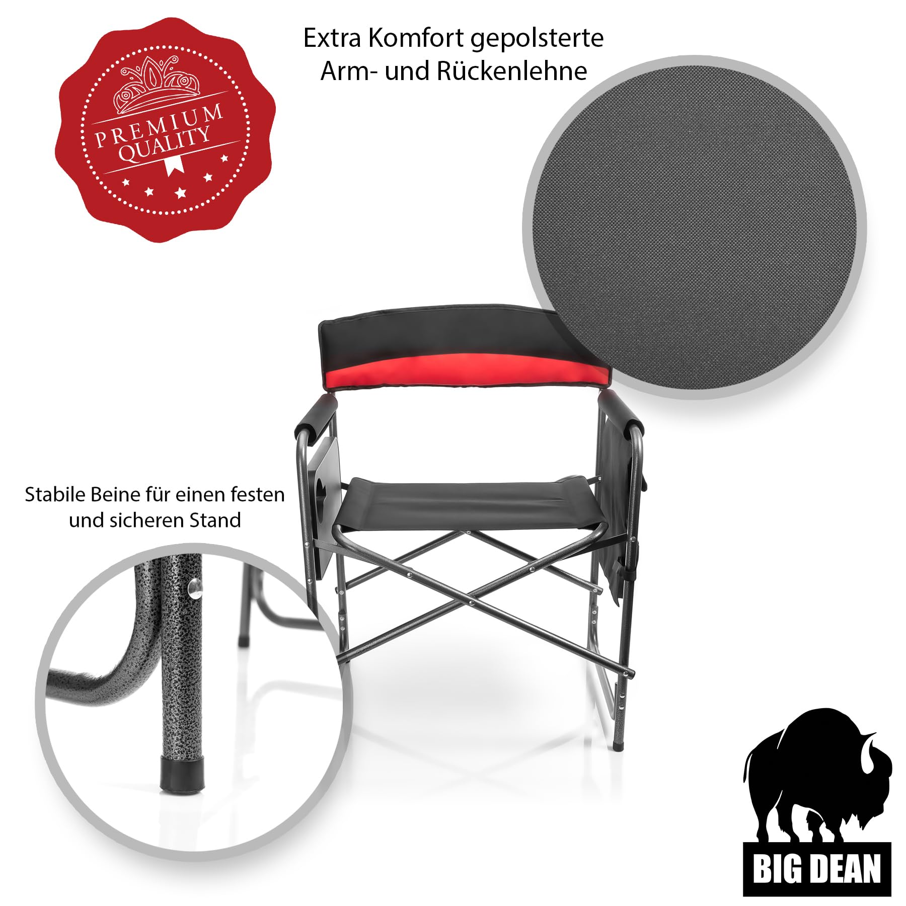 BigDean Campingstuhl 150kg mit Tisch – Klappstuhl mit Getränkehalter + Seitentasche – Hochwertiger Angelstuhl in Schwarz/Rot – Regiestuhl Klappbar für Camping und Outdoor – Metall und Kunststoff