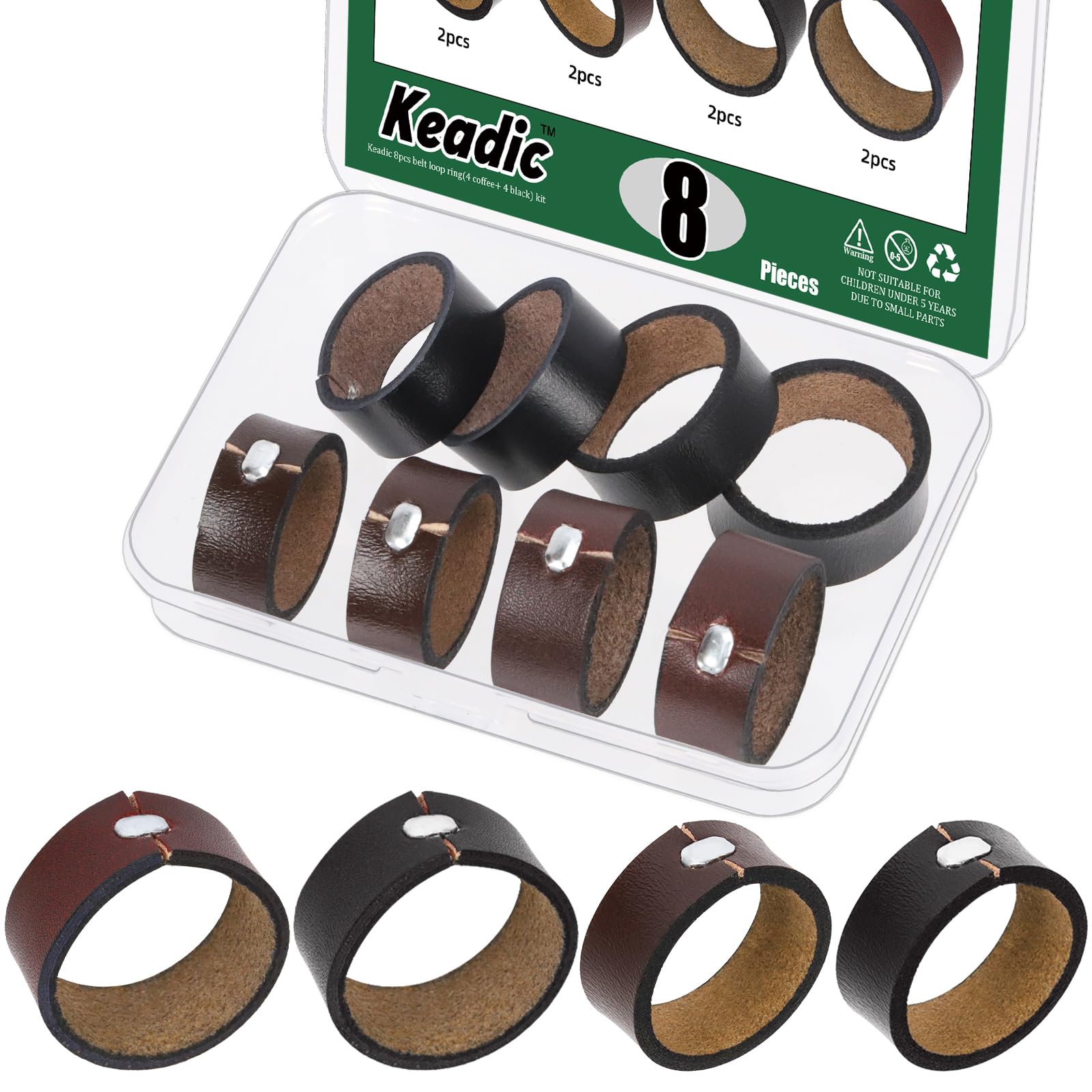 Keadic 8Pcs 2 Sizes Belt Loop Leather Keeper Ring End Strap Fixing Holder Organizer Replacement Stays Retainer Band for 1.1'' & 1.3''Wide Belts Buckle to Hold Extra Length Straps in Place(2 Colors )