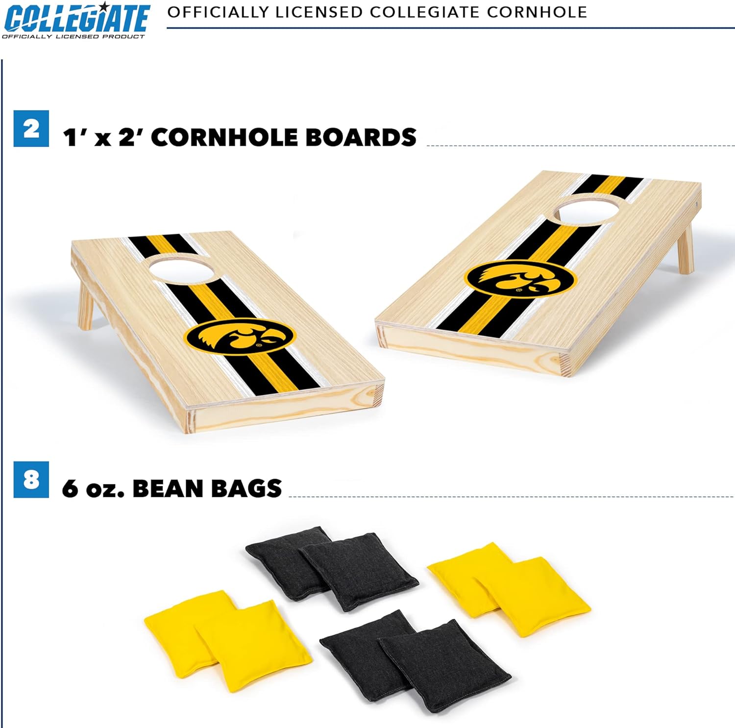 Wild Sports Iowa Hawkeyes 1' x 2' Travel Size Solid Wood Cornhole Set with Direct Print HD Team Graphics – Great Gift for Any Sports Fan! Bean Bag Toss Family Games for Outdoor Play