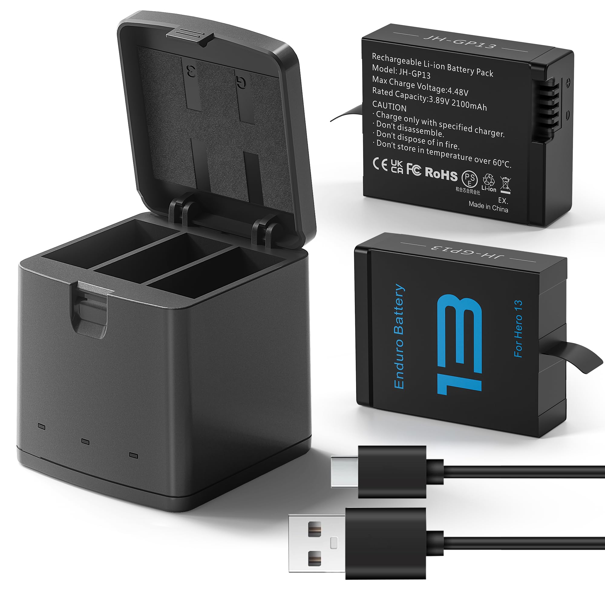 2 Packs Batteries 2100mAh Compatible with GoPro Hero 13 Black Camera with 3 Slot Battery Charging Station (Charger & 2 Batteries)