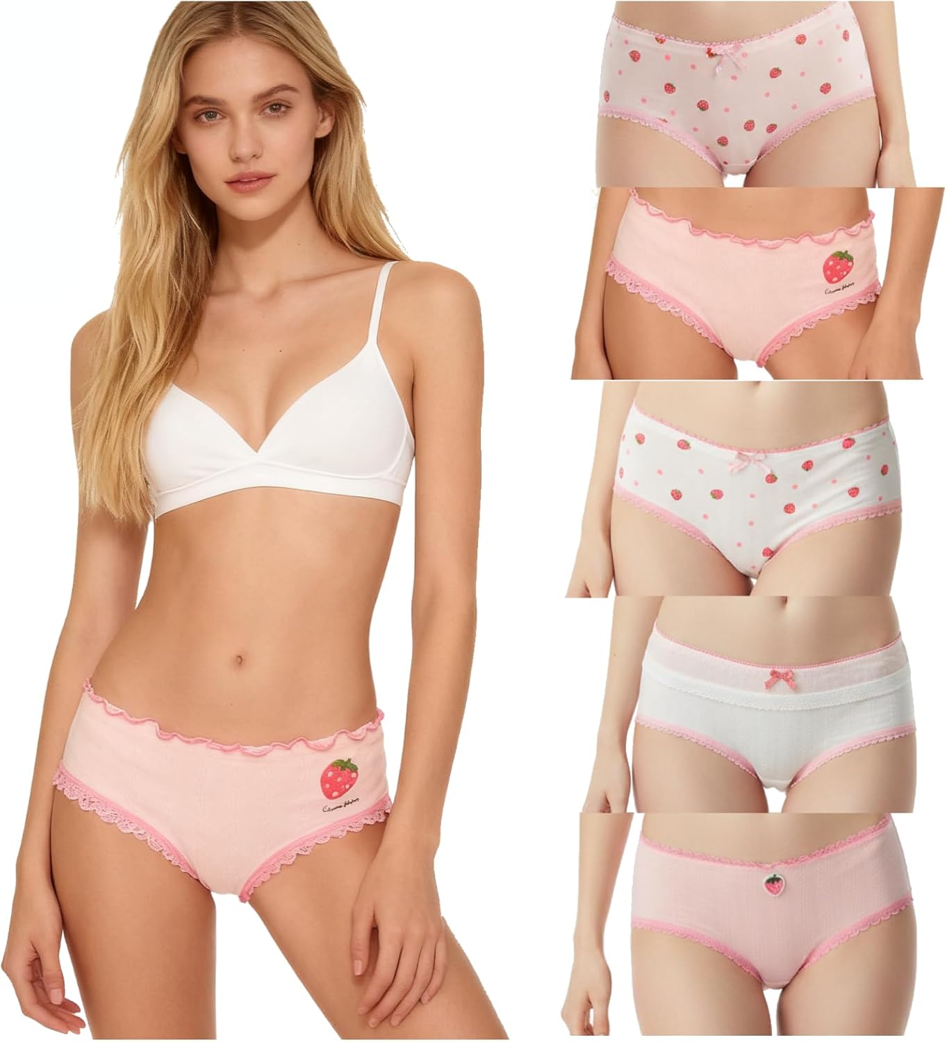 Womens Underwear for Women 5 Packs Panties Cute Cotton Kawaii Japanese-Style Ruffled Strawberry Lace Bow